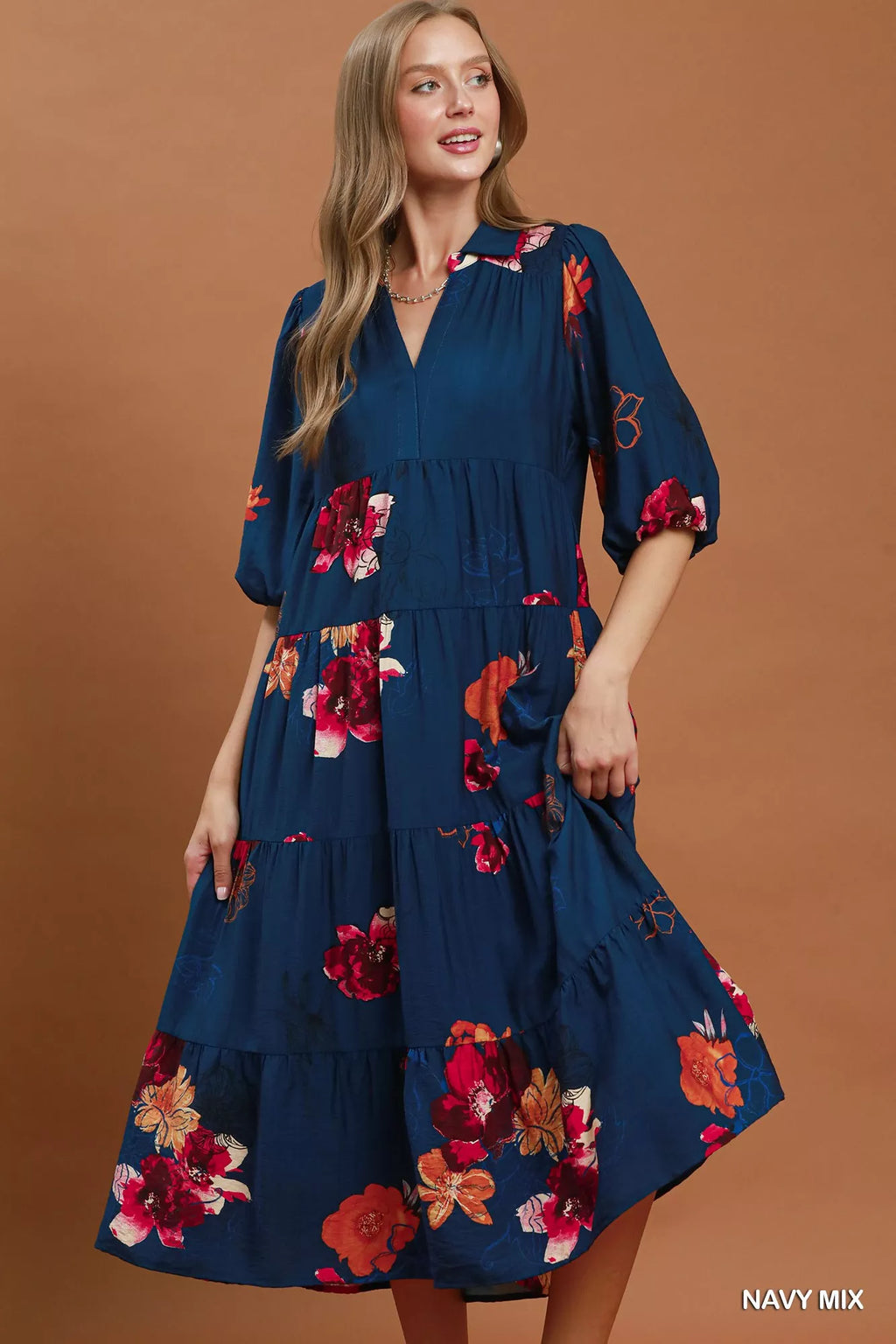 Umgee Floral Print Tiered Midi Dress with Puff Sleeves