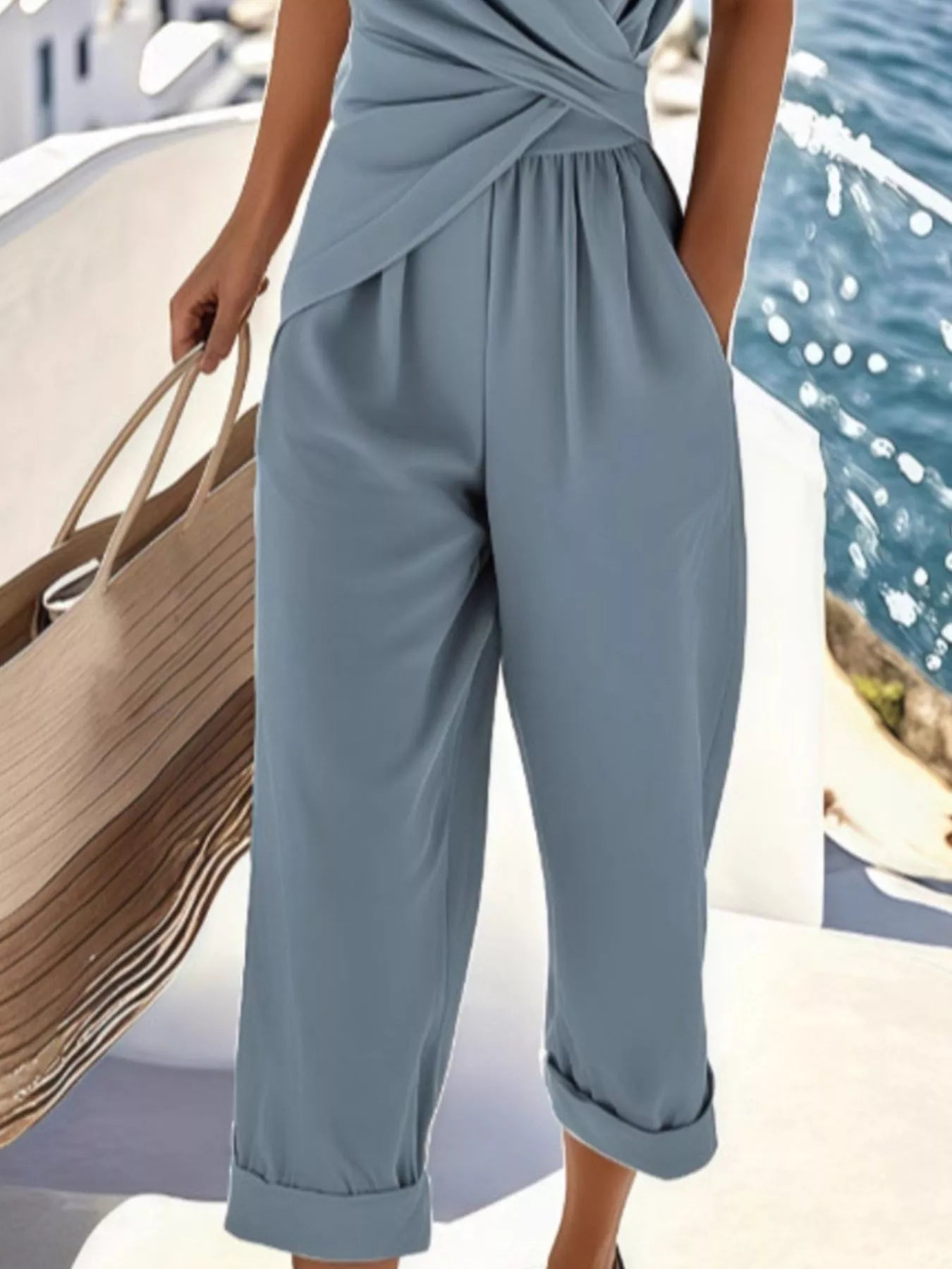 Full Size Twist-Front V-Neck Top and Pants Set Plus Size