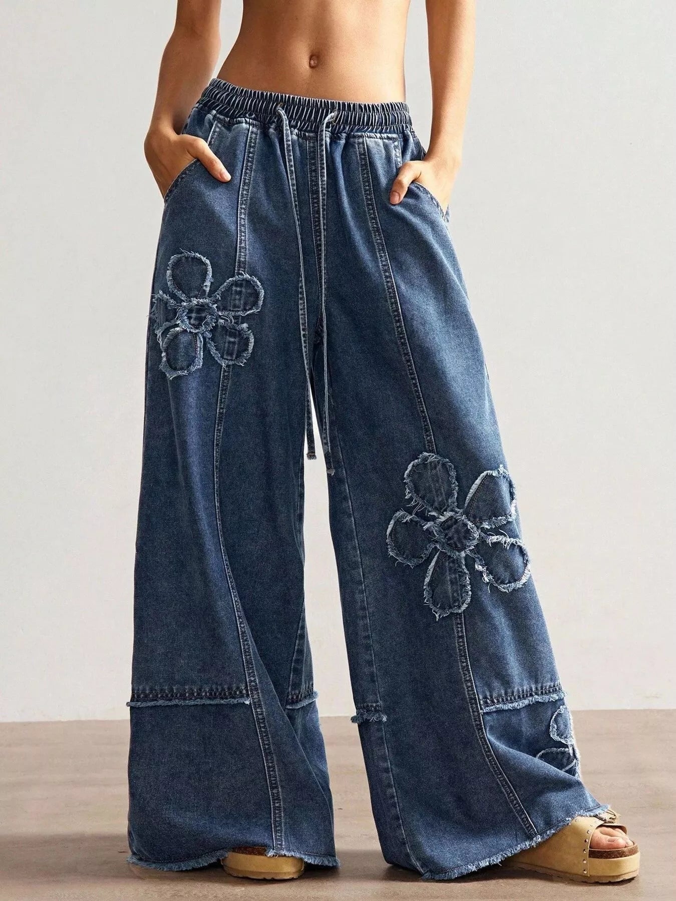 Floral Appliques Wide Leg Jeans