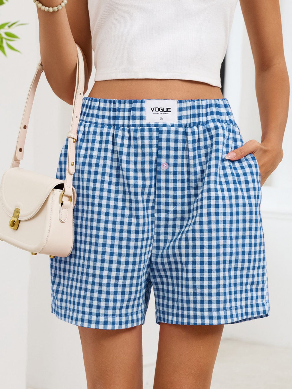 Gingham Elastic Waist Casual Shorts