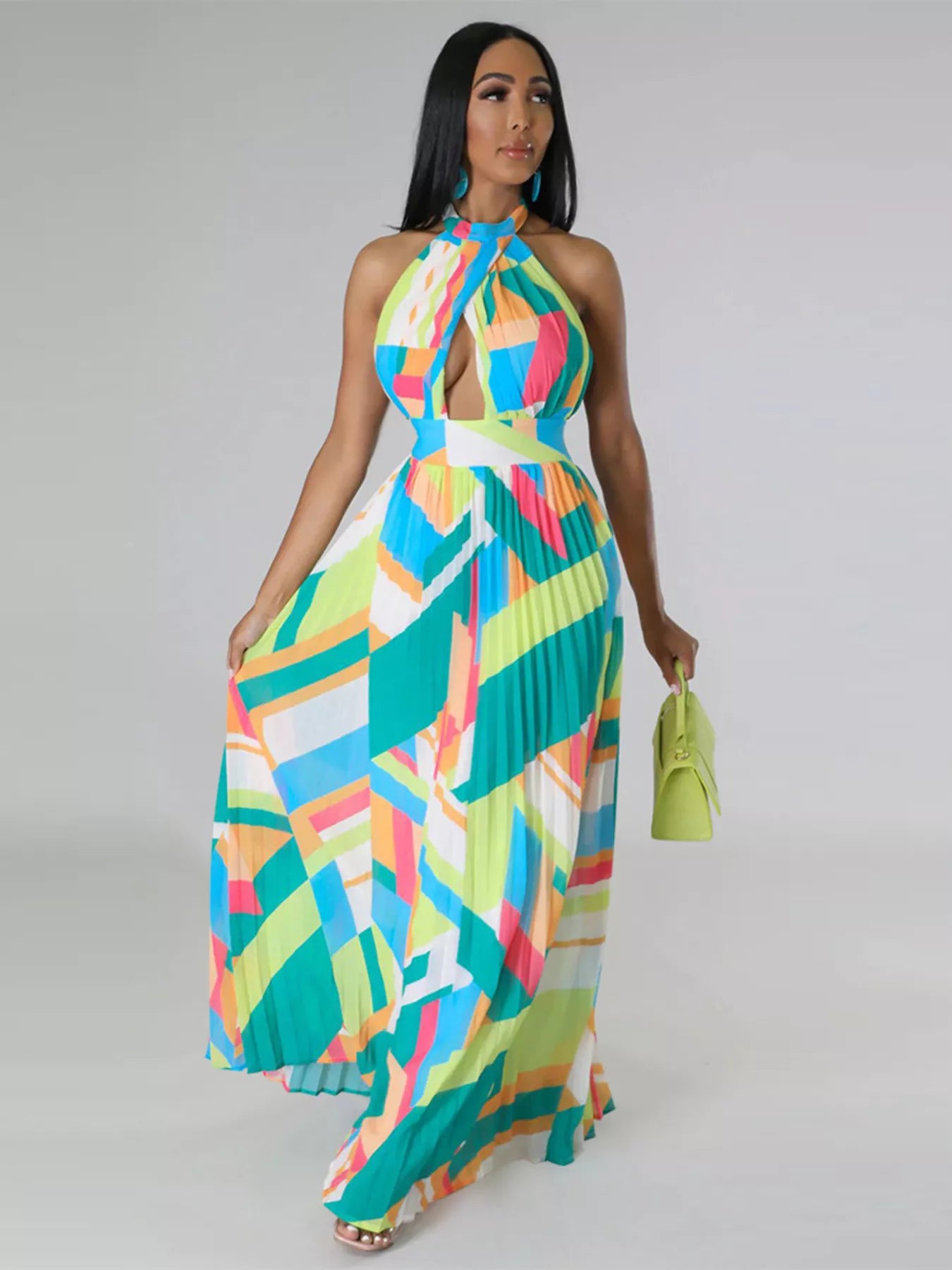 Halter Neck Geometric Print Pleated Maxi Dress