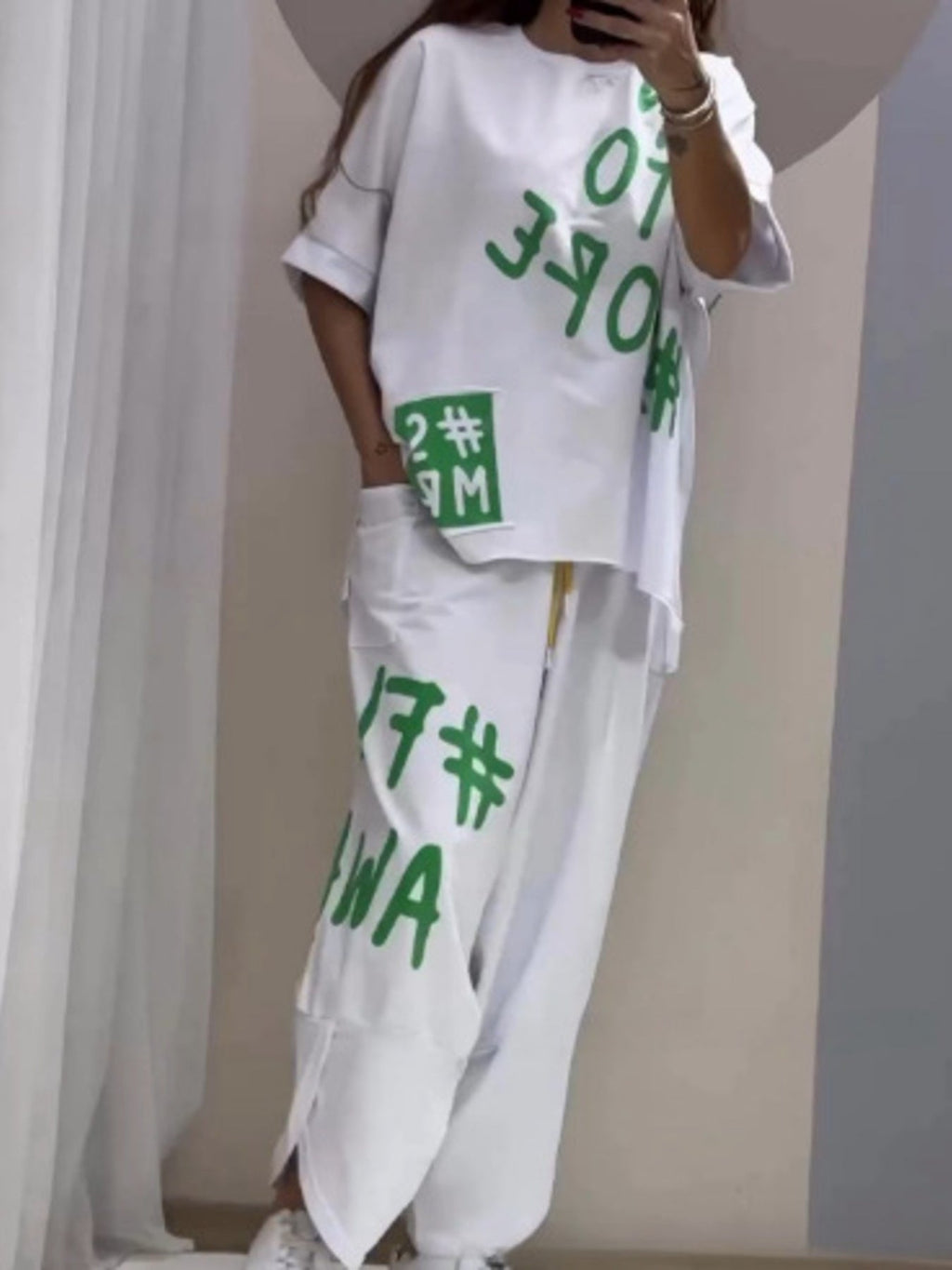 Full Size Letter Round Neck Tee and Drawstring Pants Set Plus Size