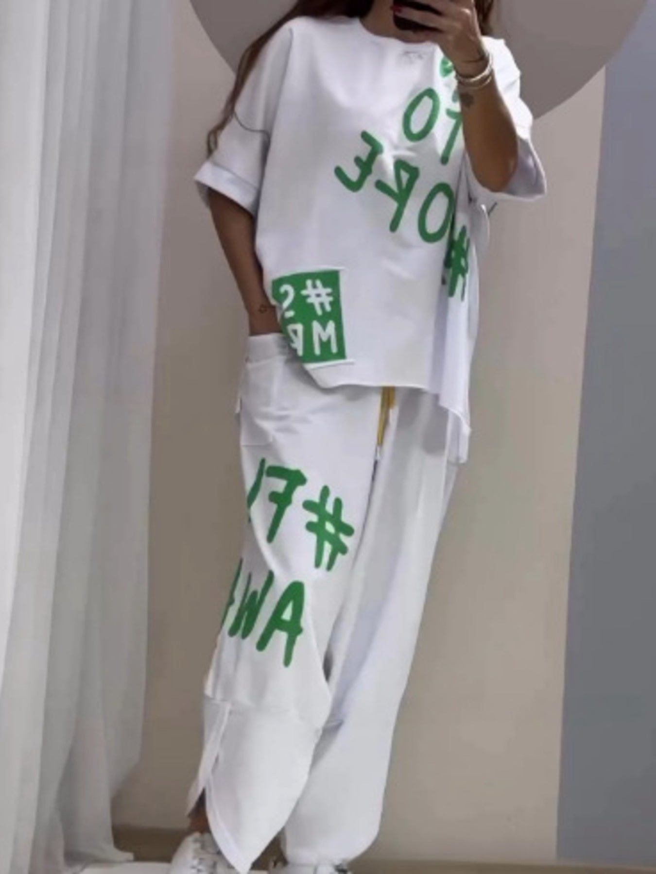 Full Size Letter Round Neck Tee and Drawstring Pants Set Plus Size