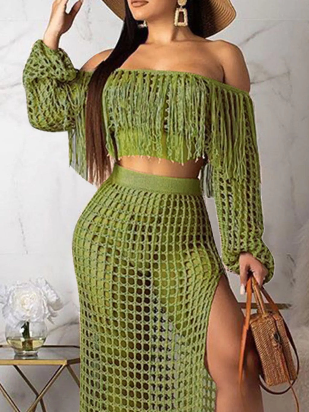 Full Size Crochet Off-Shoulder Fringe Top and Skirt Set Plus Size