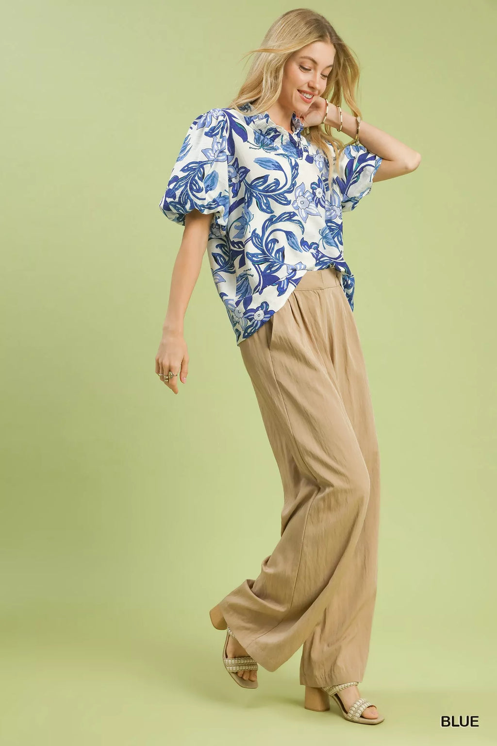 Umgee Lush Blossom Print Puff Sleeve Top with Ruffle Trim Detail
