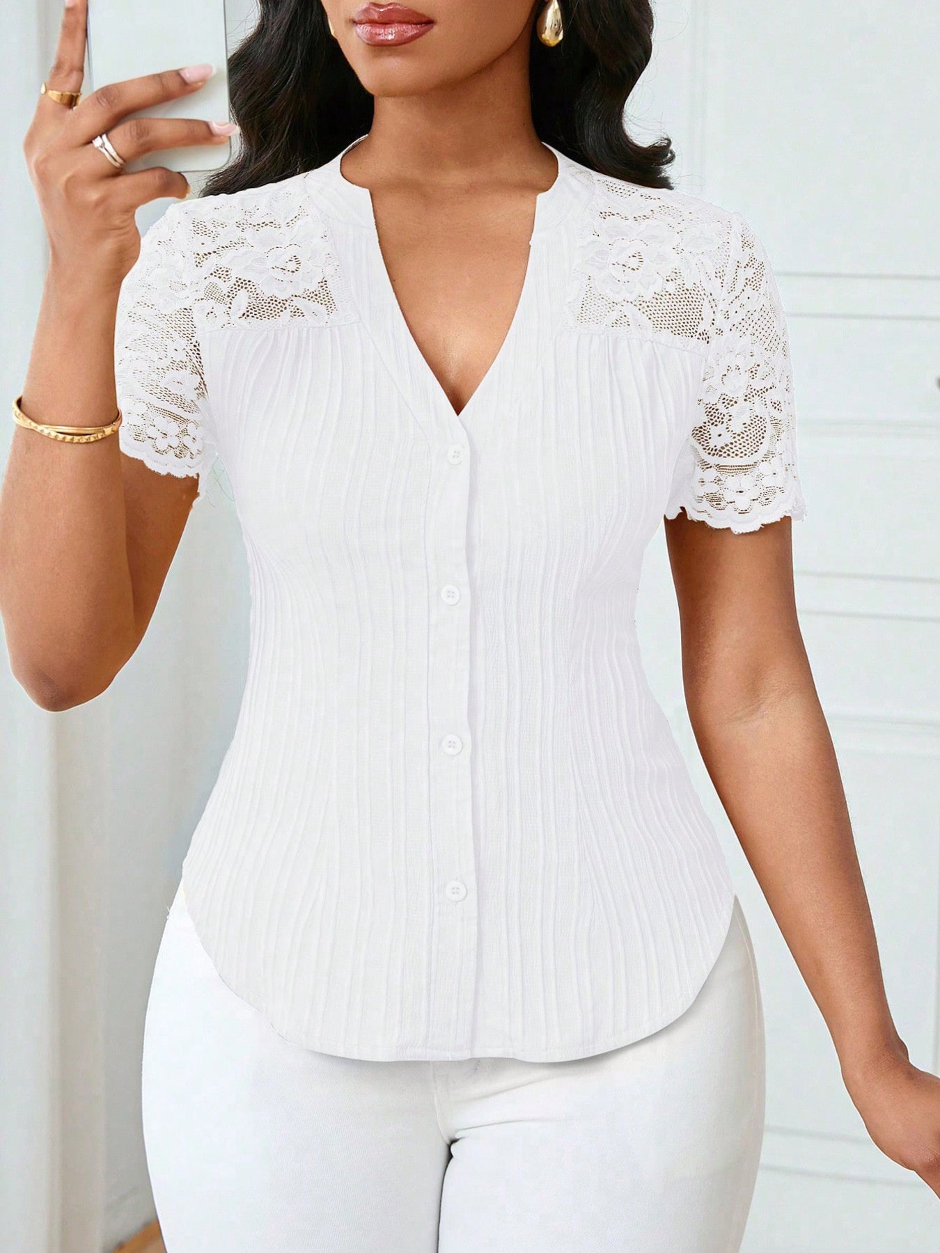 Lace Sleeve Button Up Shirt