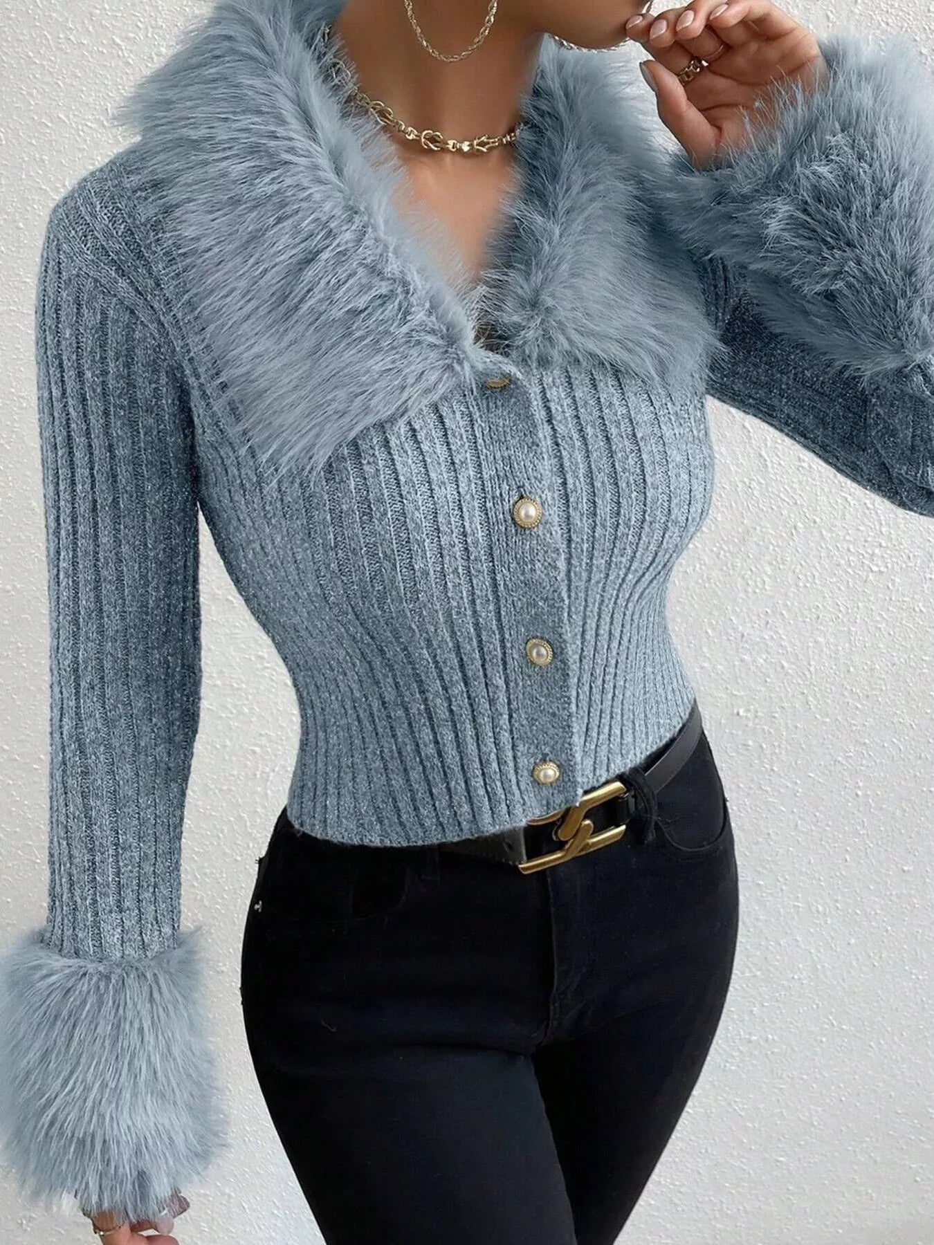 Faux Fur Trim Ribbed Knit Cropped Cardigan