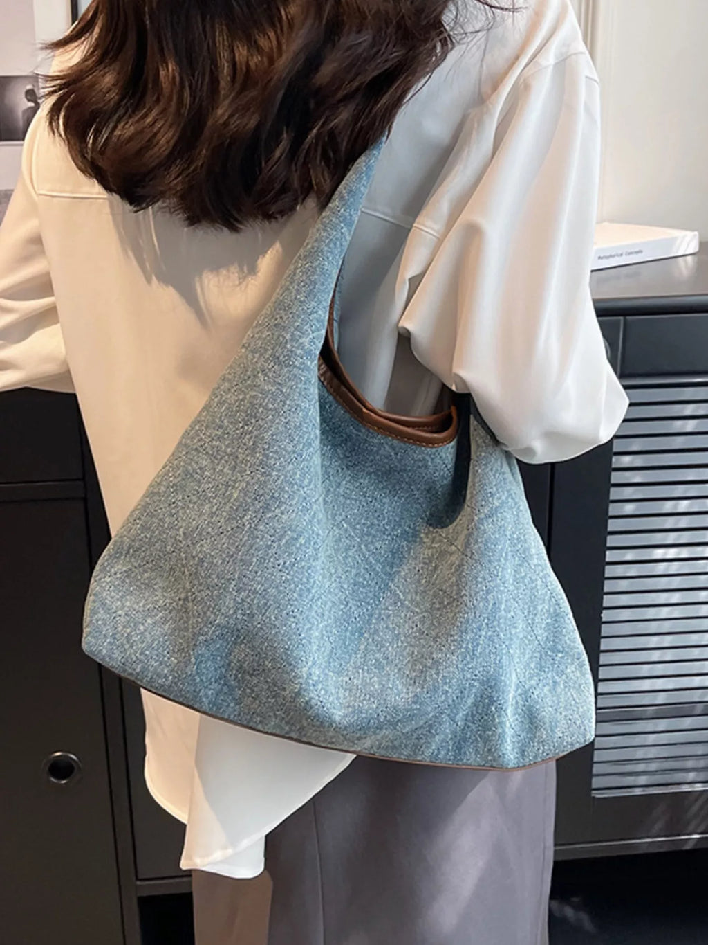 Denim Shoulder Bag with Leather Trim