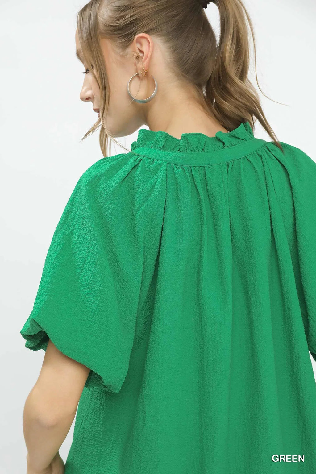 Umgee Puff Sleeve Ruffle Neck Tunic Blouse