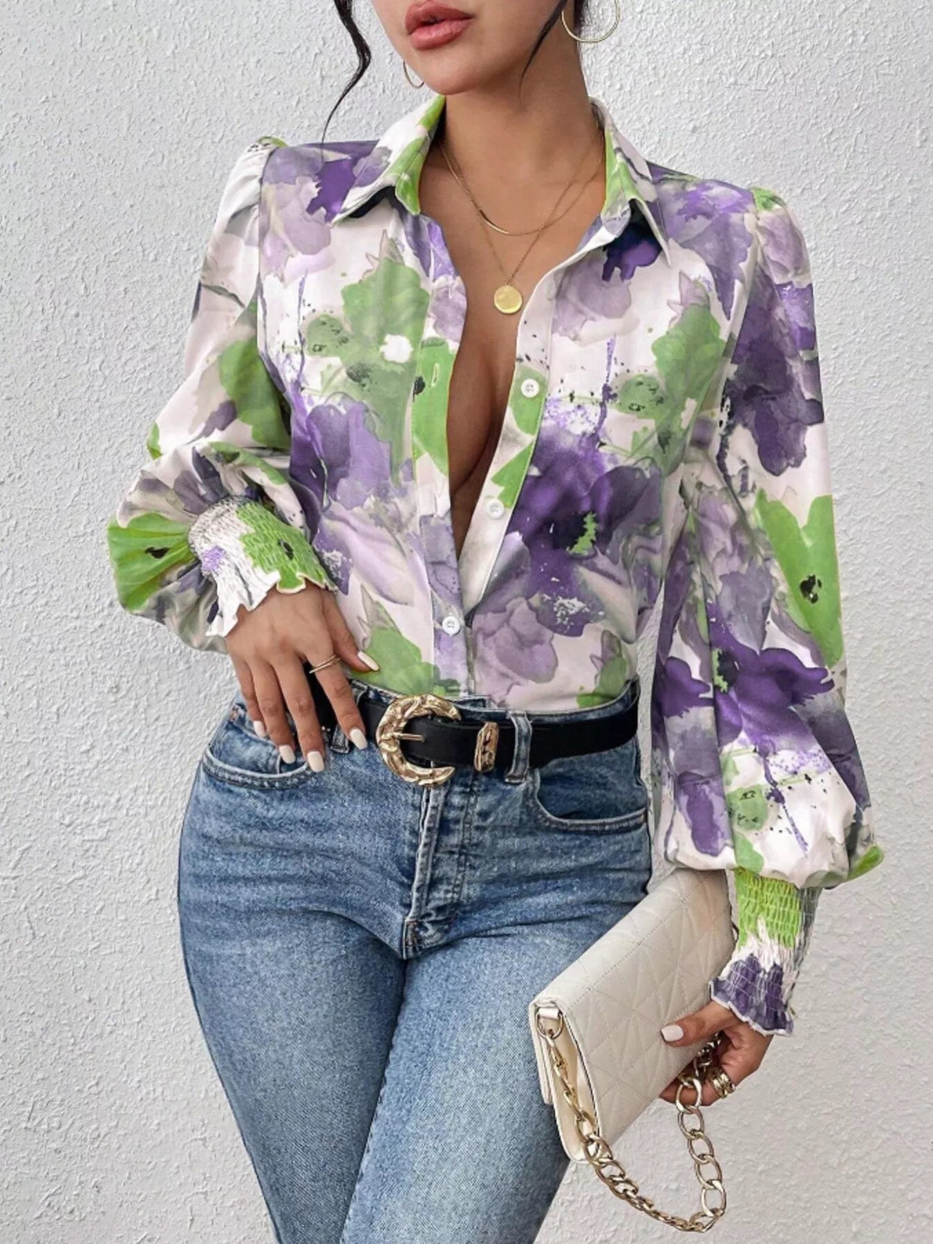 Printed Button Up Lantern Sleeve Shirt