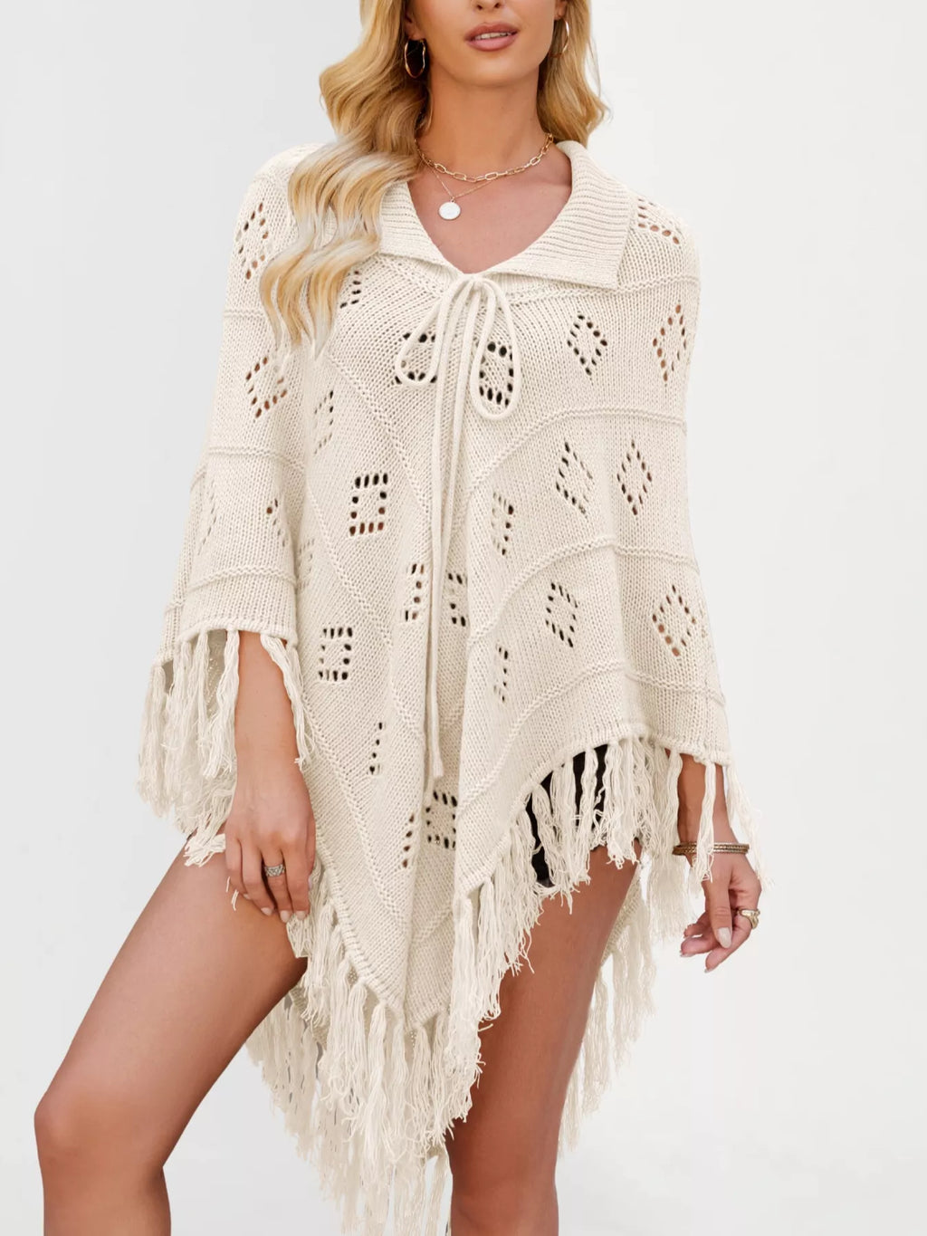 Fringe Openwork Knit Cover Up