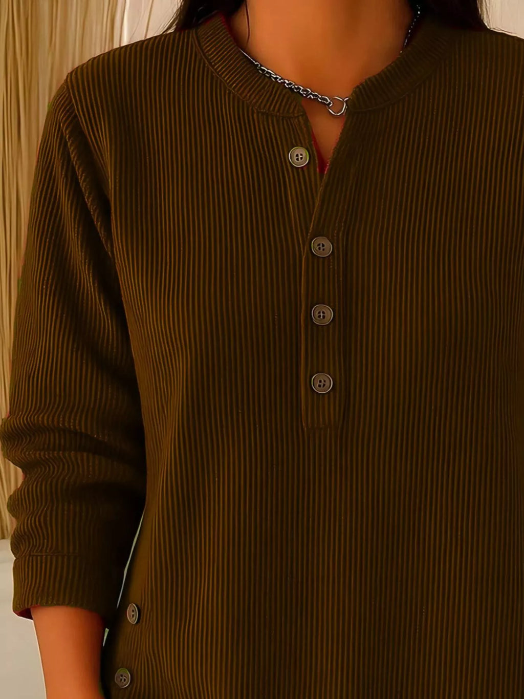 Full Size Ribbed Half Button Henley Top Plus Size