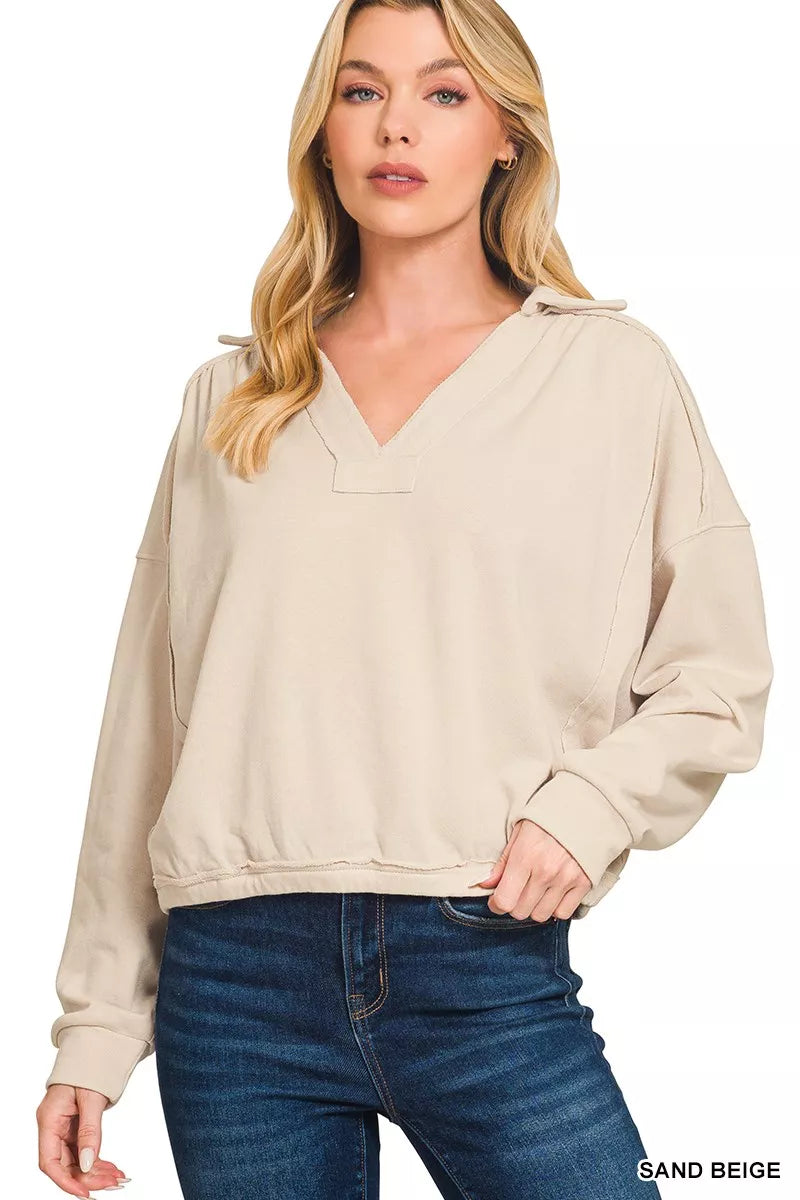 Zenana French Terry Collared Exposed Seam Sweatshirt