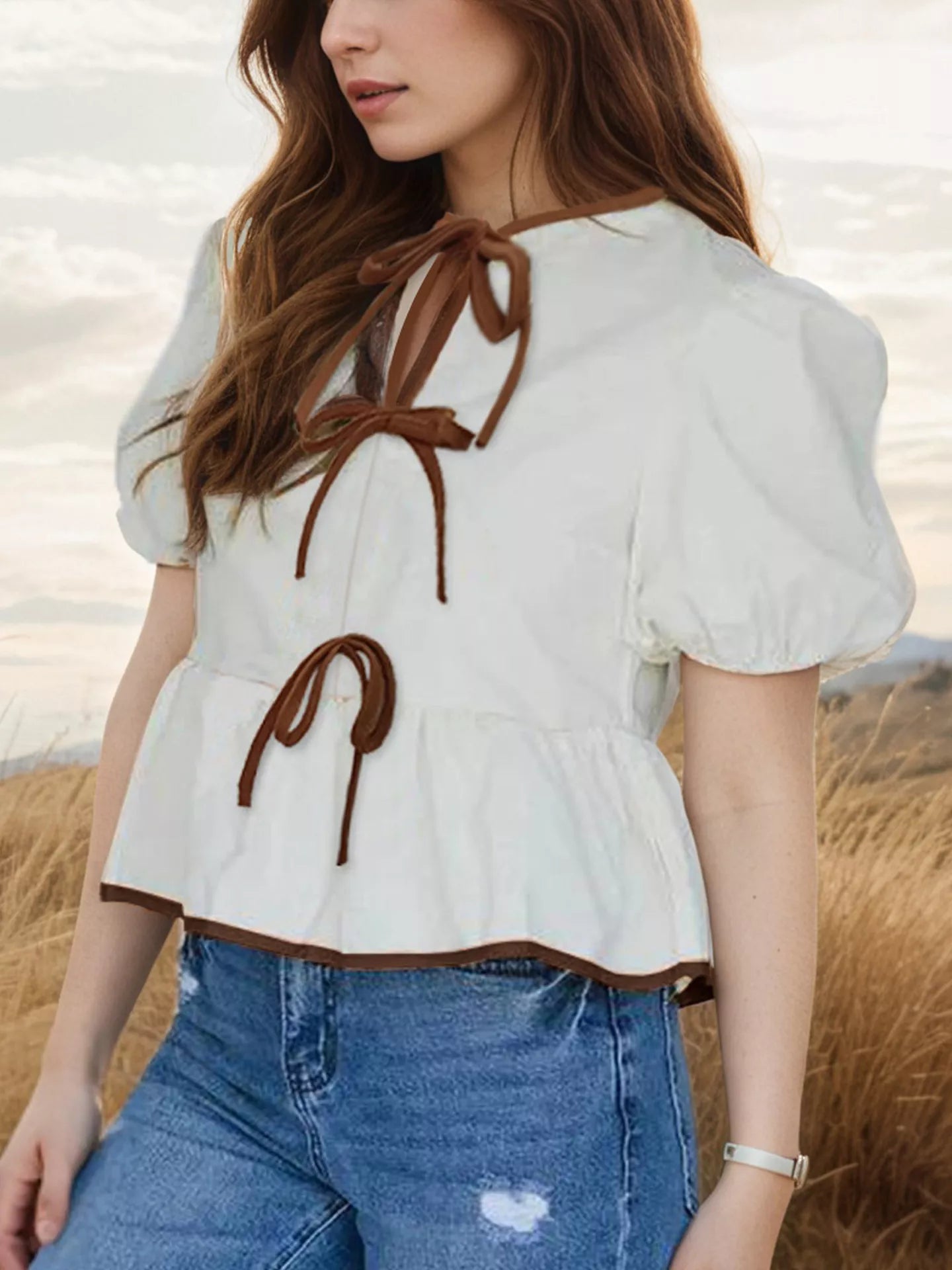 Tie Front Puff Sleeve Blouse