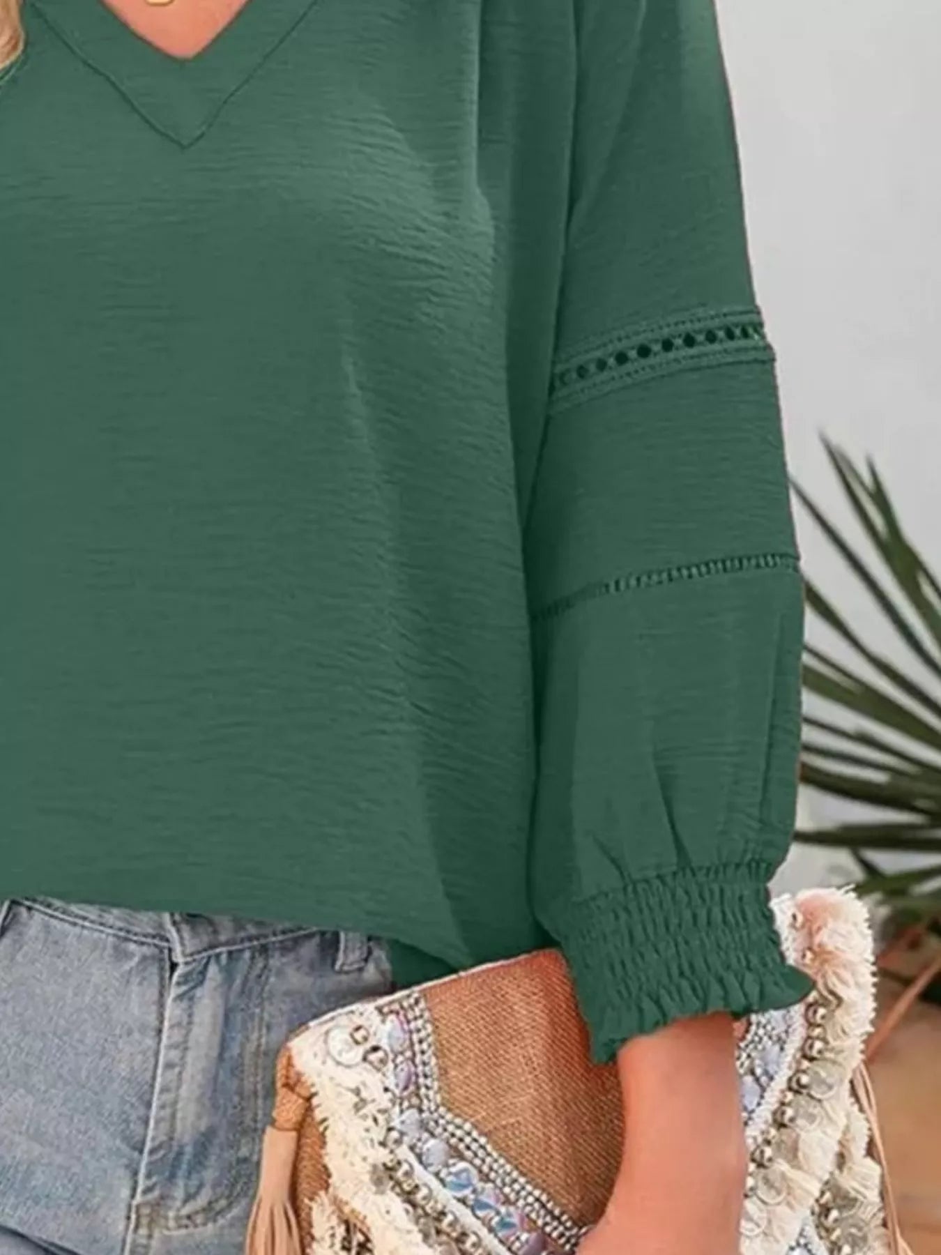 Solid Color Smocked Long Sleeve Blouse