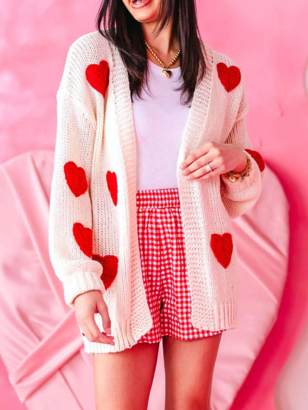 Heart Open Front Dropped Shoulder Cardigan