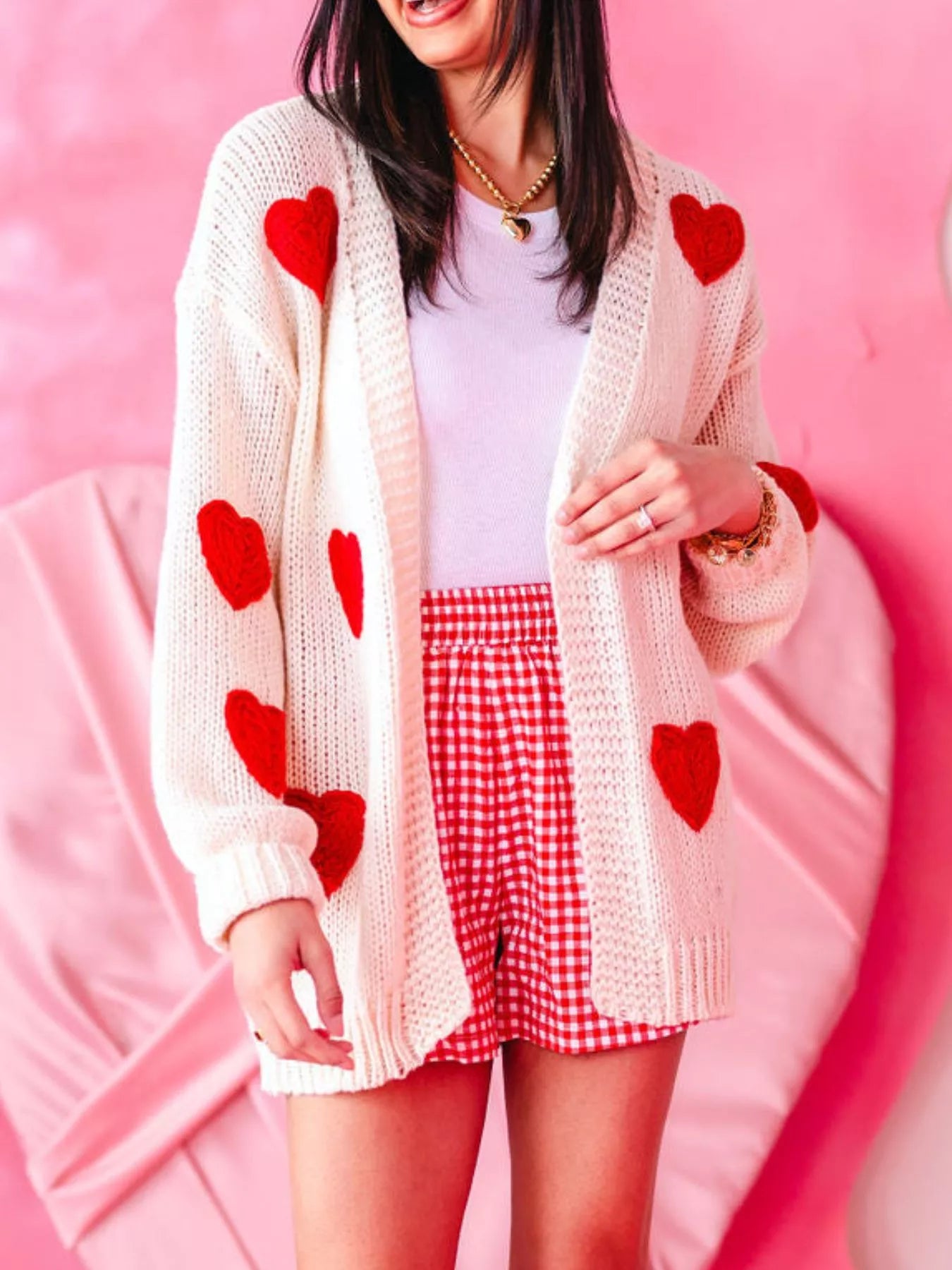 Heart Open Front Dropped Shoulder Cardigan
