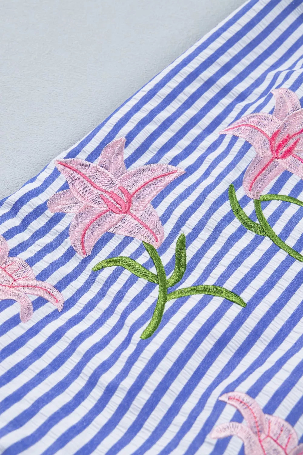 Striped Floral Embroidered Puff Sleeve Button Down Shirt