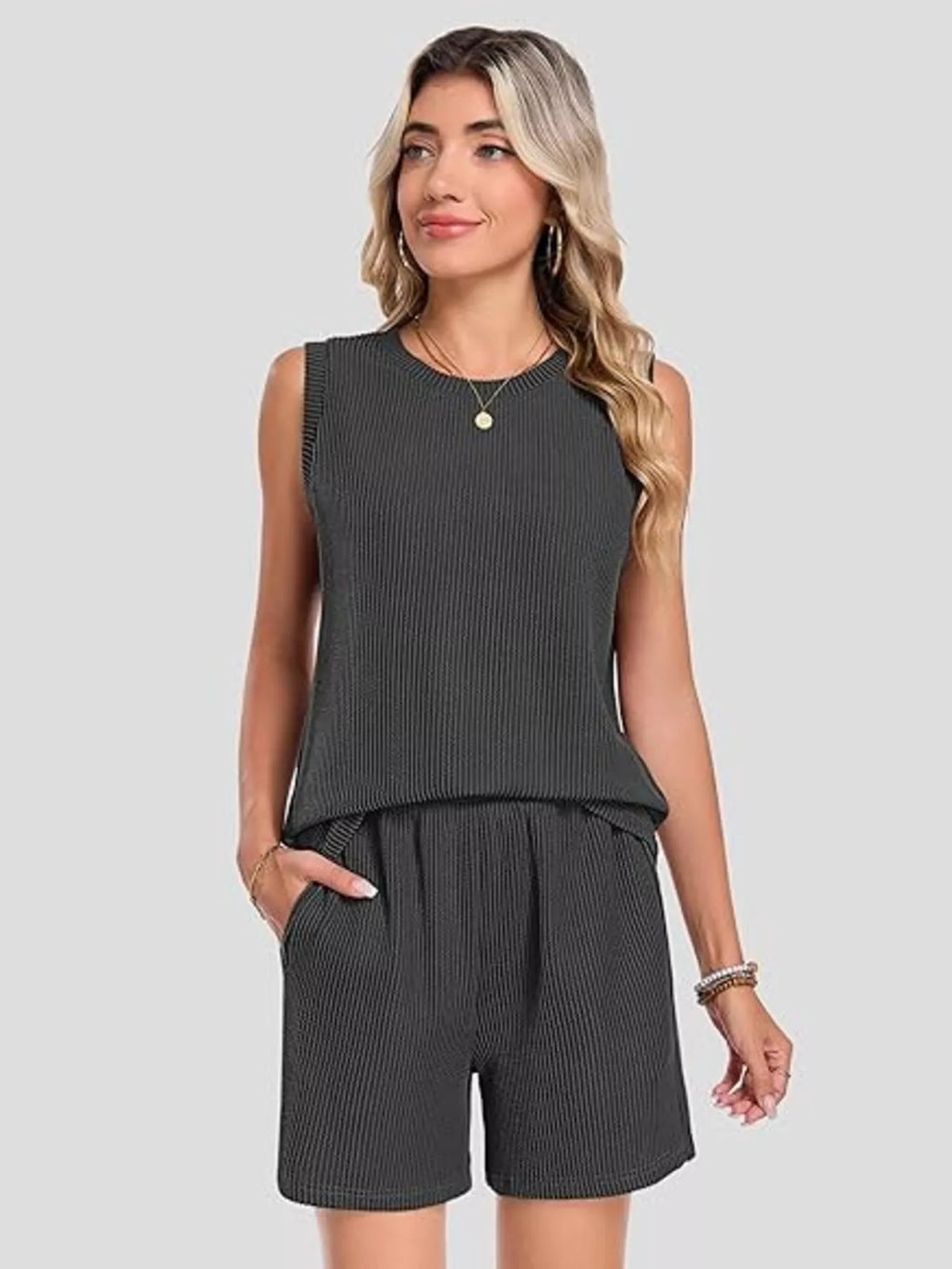 Casual Ribbed Knit Sleeveless Top and Shorts Set