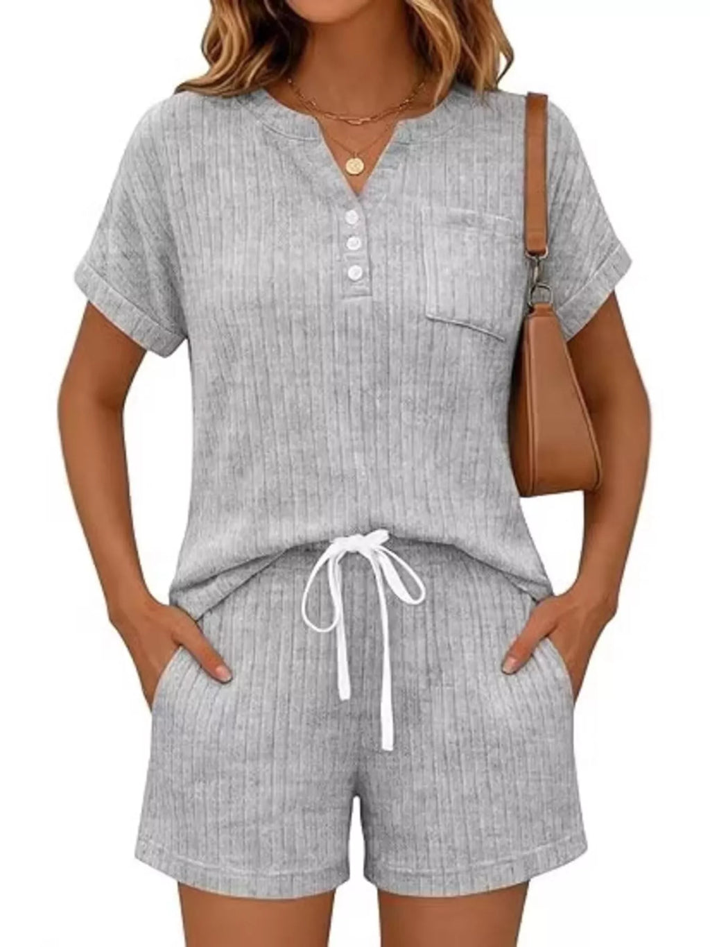 Casual Ribbed Knit Tee and Shorts Set