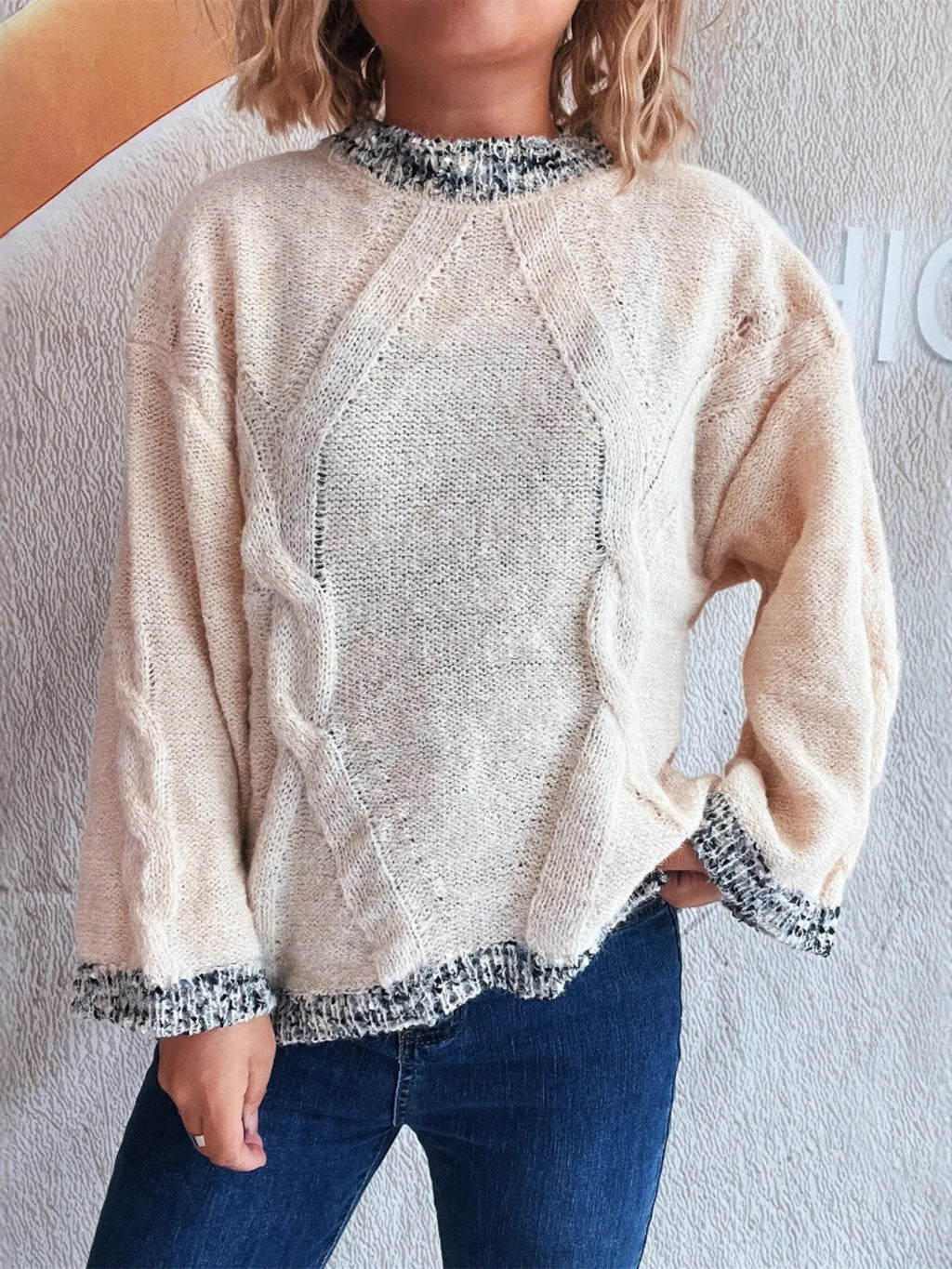 Contrast Trim Detail Round Neck Sweater