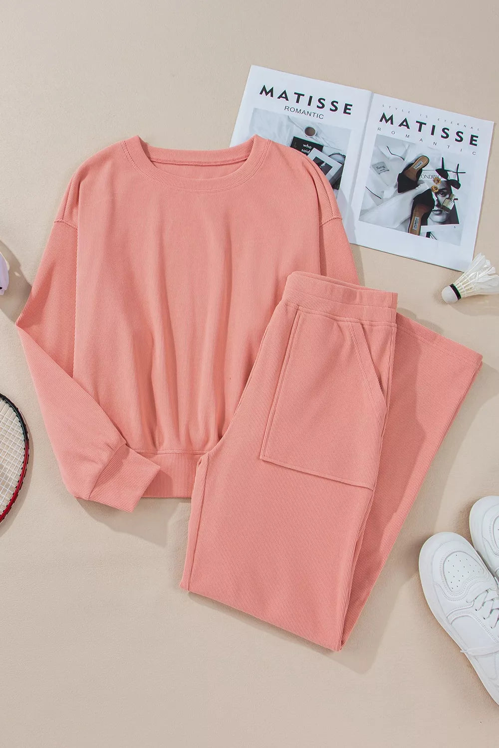 Ribbed Round Neck Top and Pants Set
