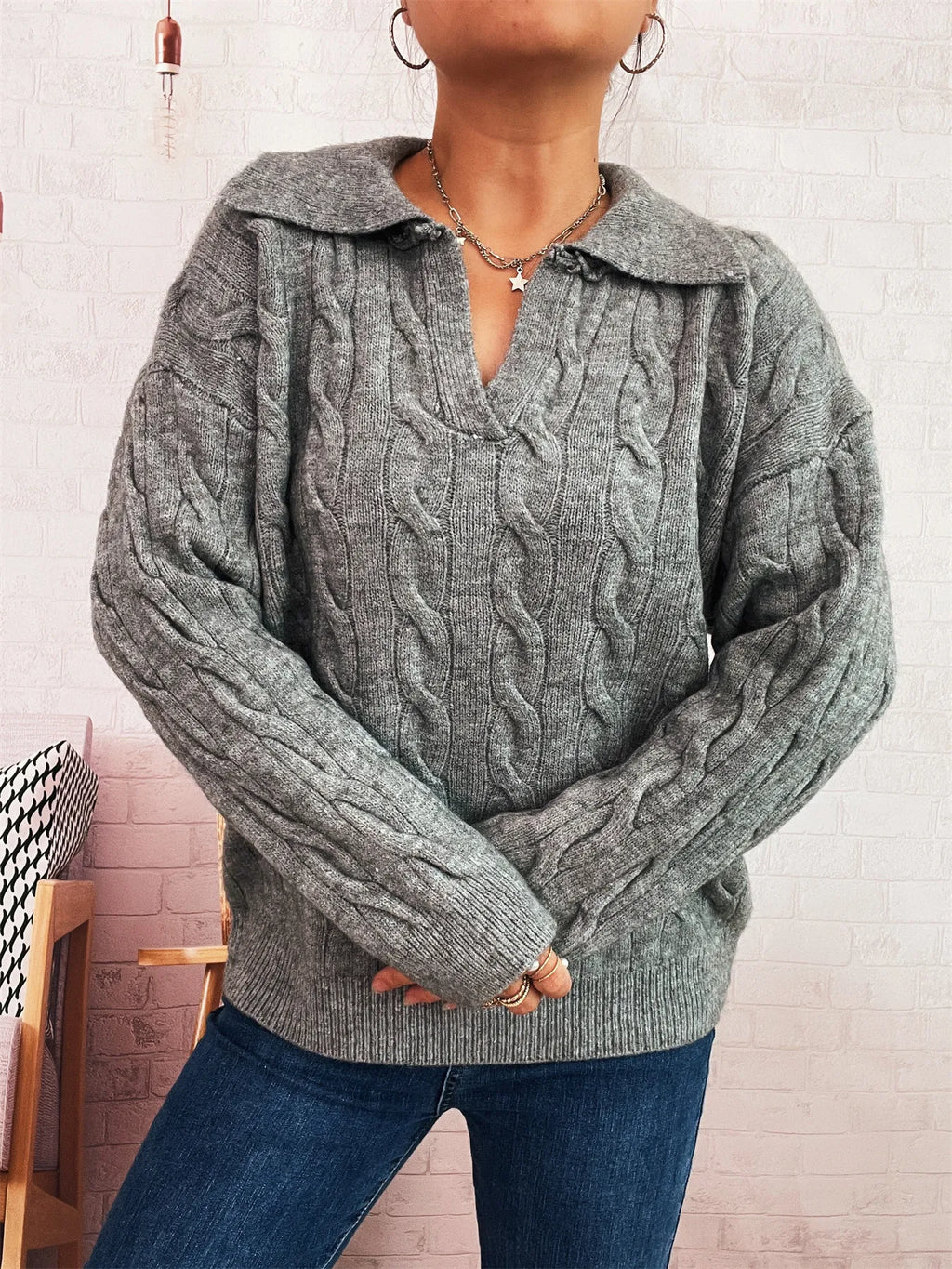 Cable Knit Johnny Collar Sweater