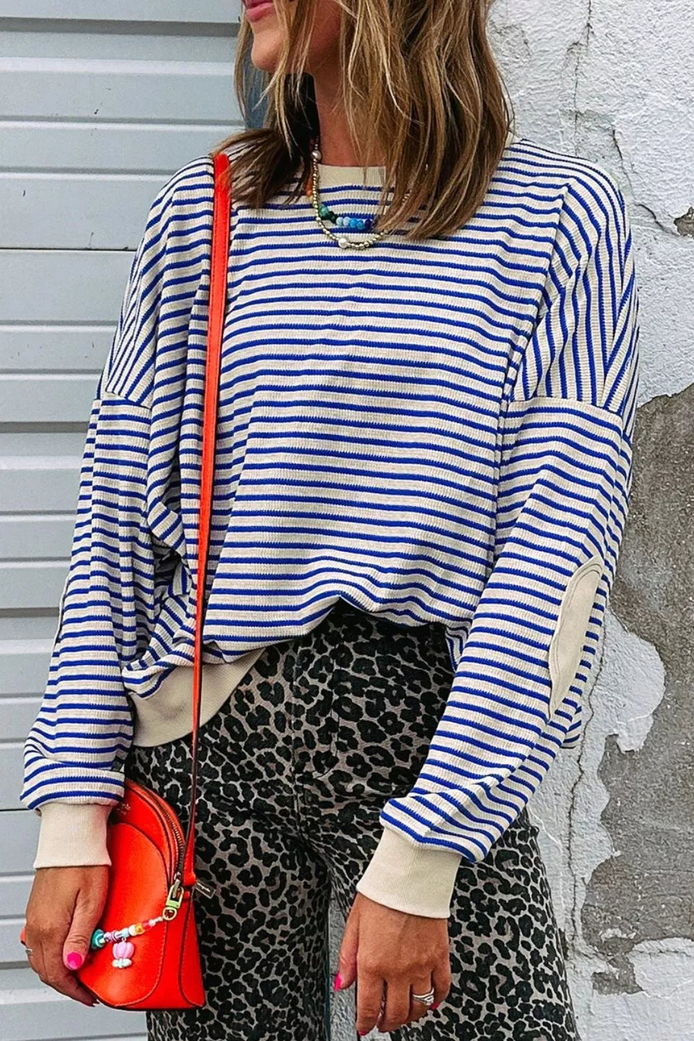 Striped Round Neck Dropped Shoulder Sweatshirt