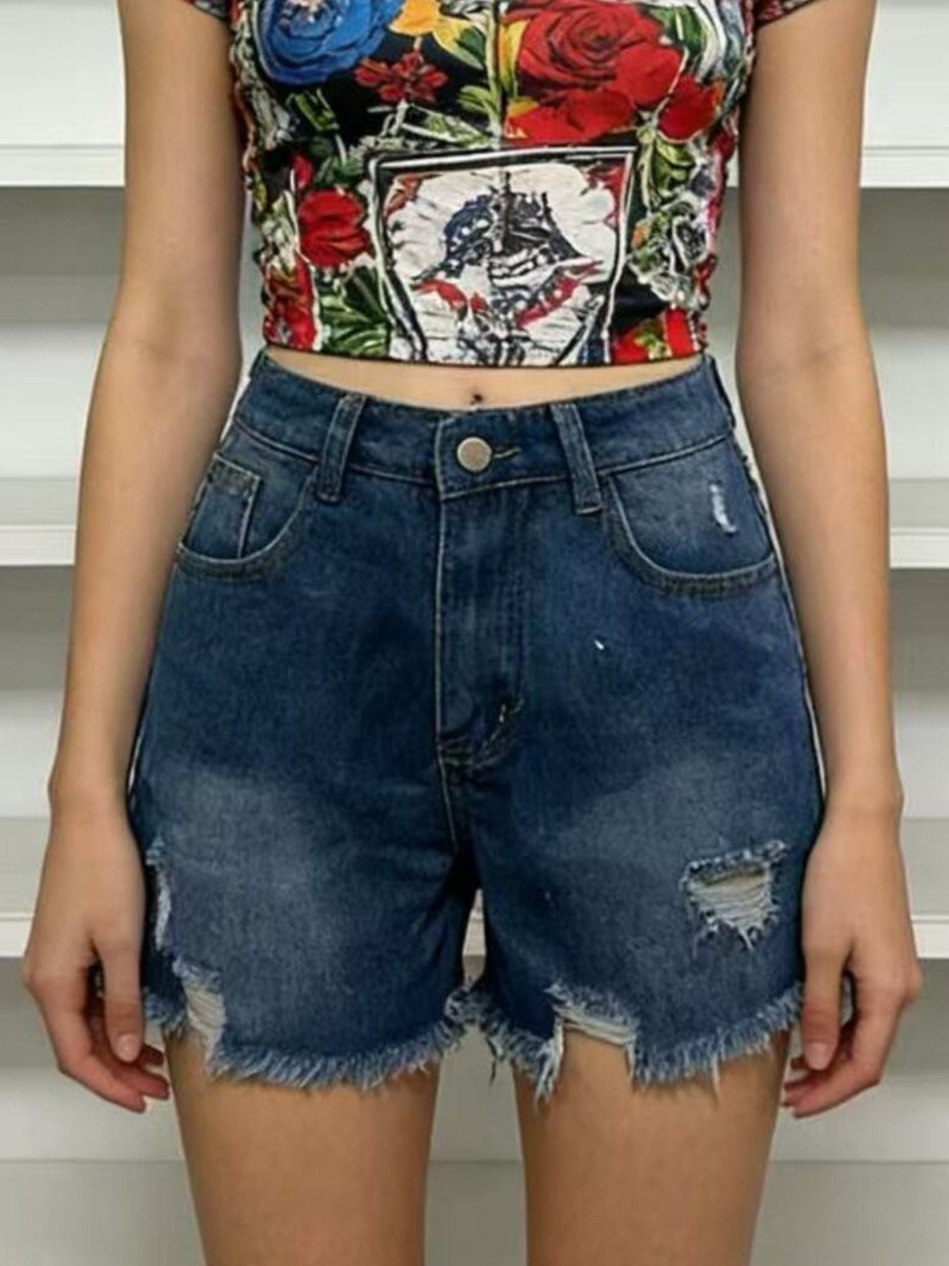 Distressed Frayed Hem Denim Shorts
