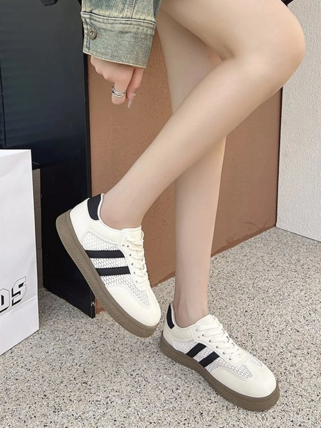 Ivory Mesh & PU Leather Lace Up Platform Sneakers