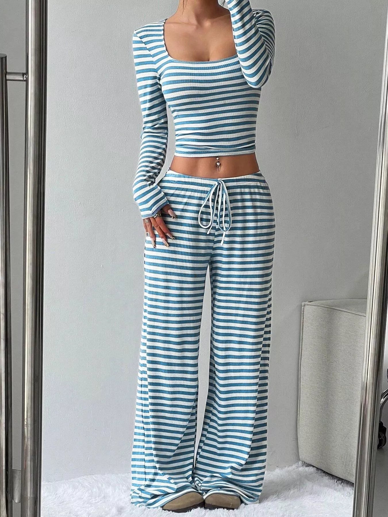 Striped Long Sleeve Crop Top & Wide Leg Pants Set