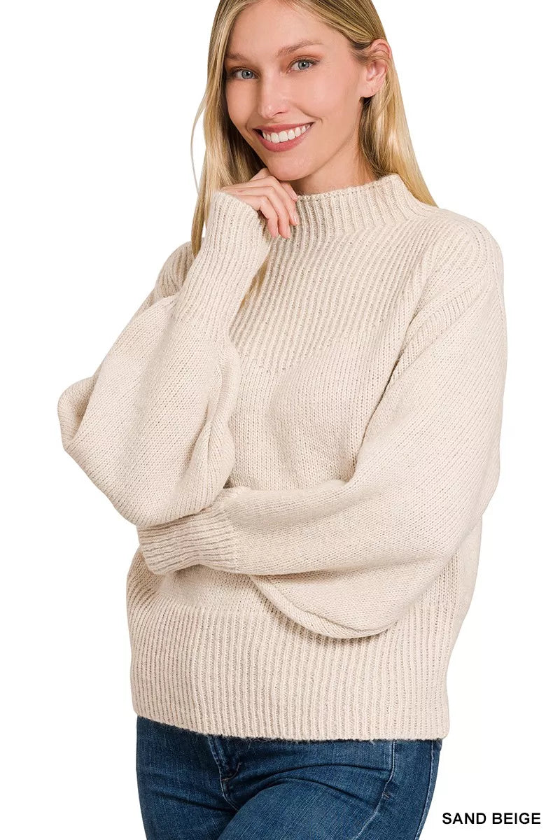 Zenana Balloon Sleeve Mock Neck Sweater
