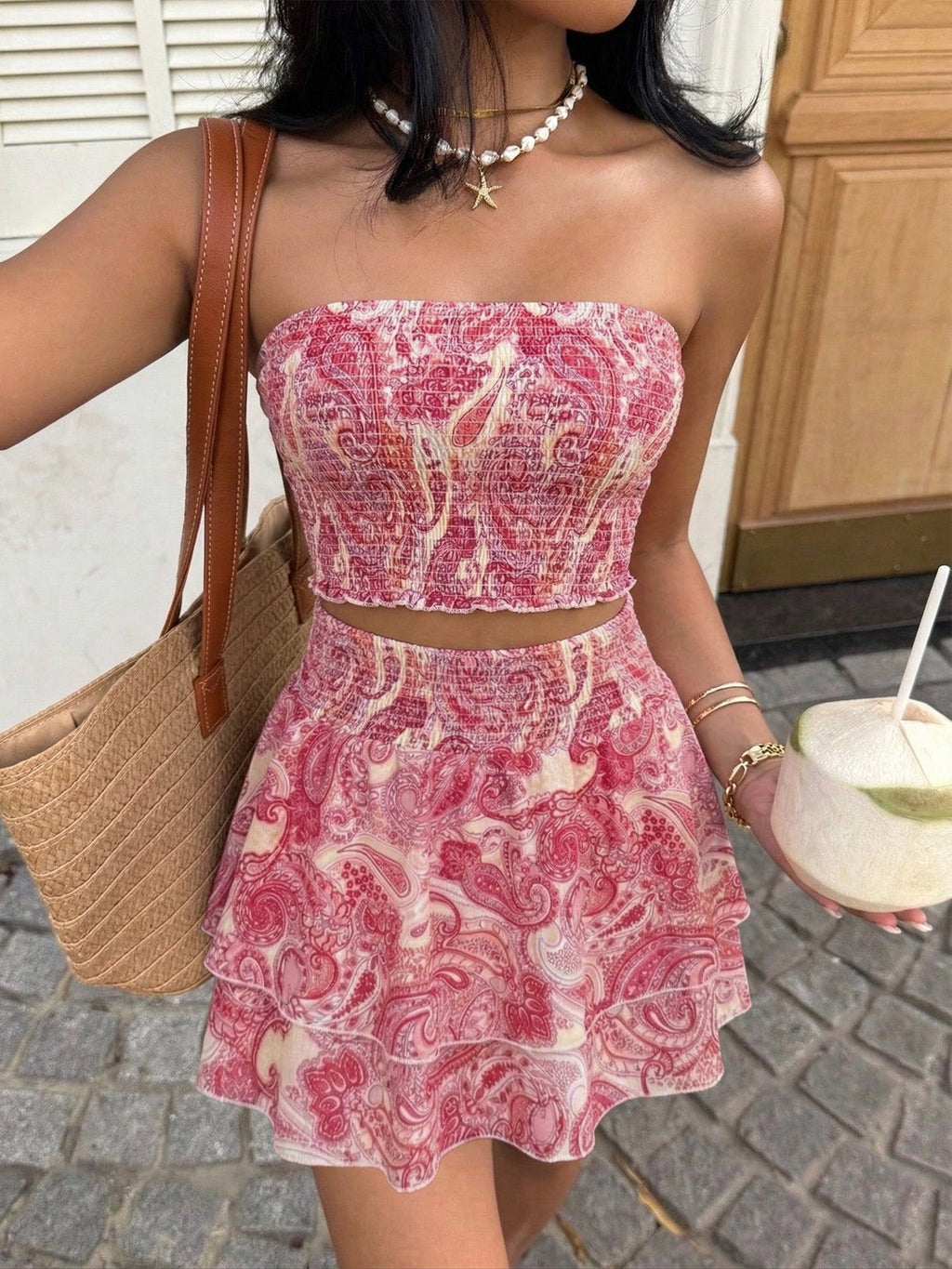 Paisley Print Tube Top and Ruffle Mini Skirt Set