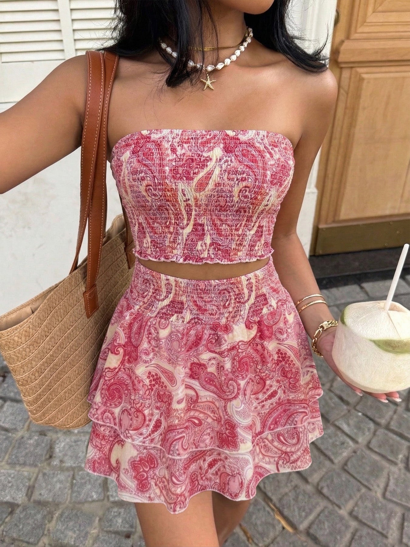 Paisley Print Tube Top and Ruffle Mini Skirt Set