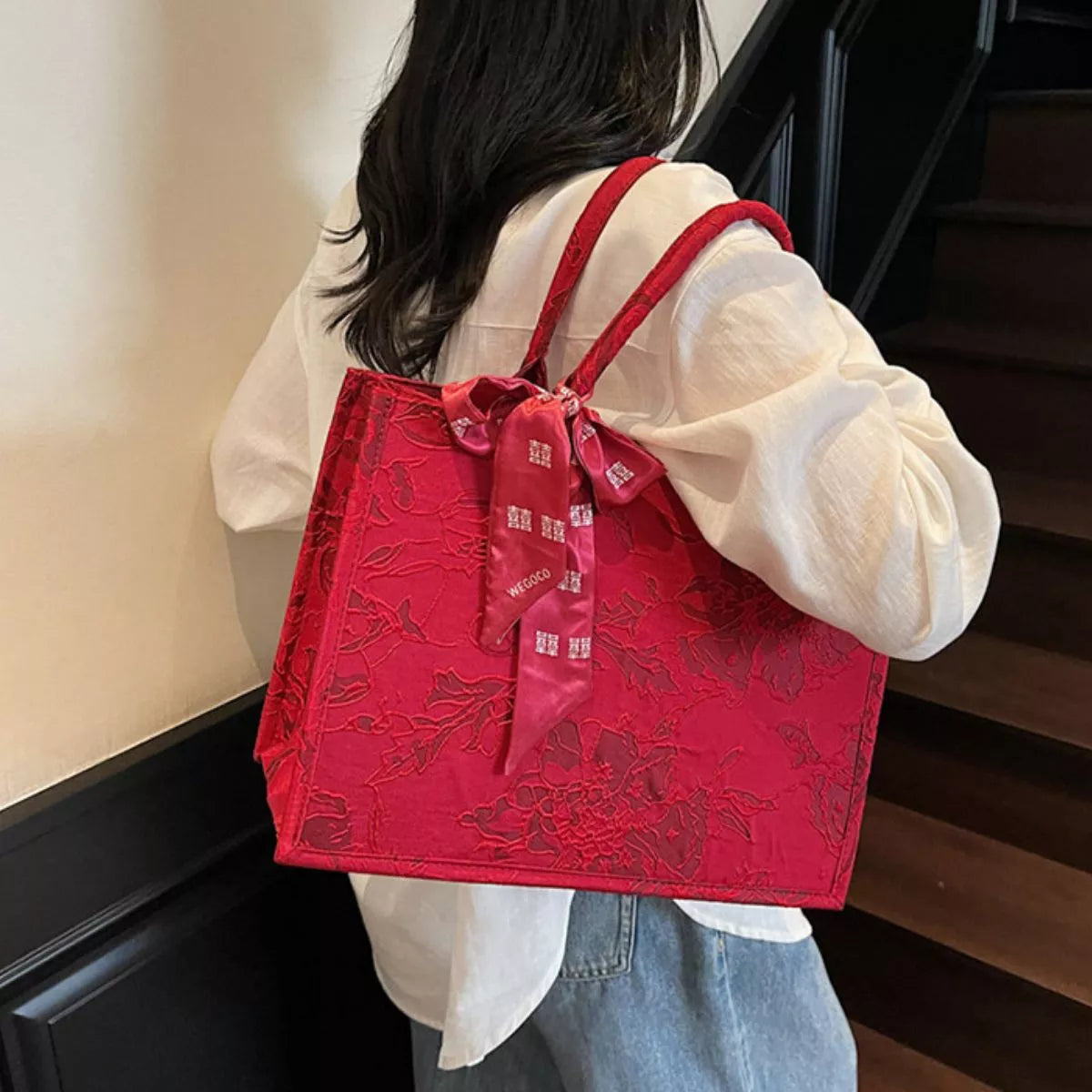 Floral Embossed Tote Handbag with Scarf Accent