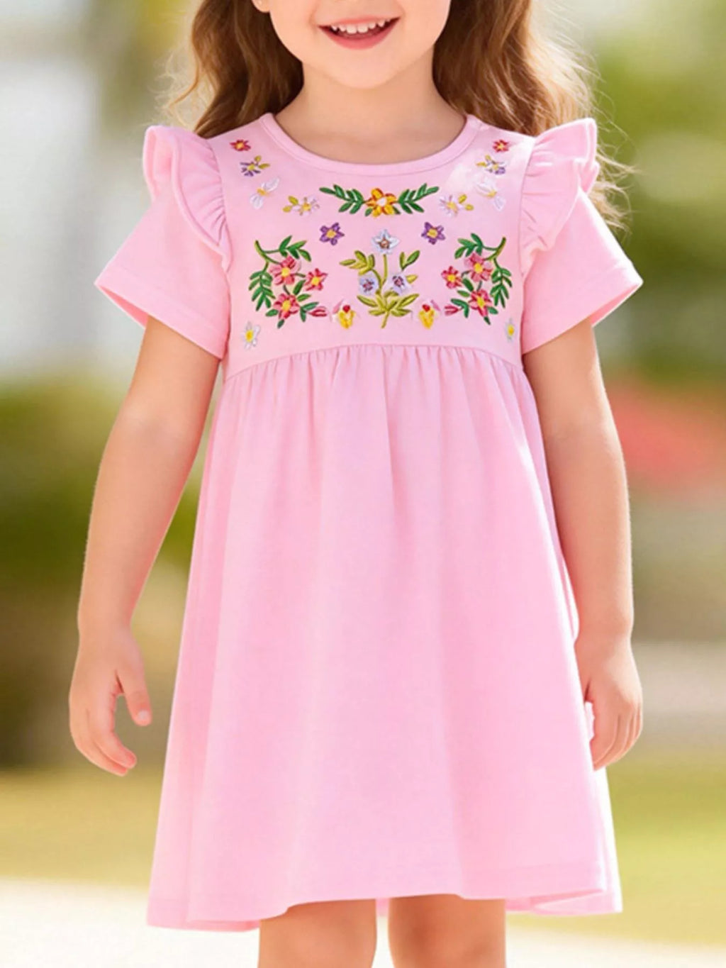 Children's Floral Embroidered Ruffle Sleeve Casual Dress