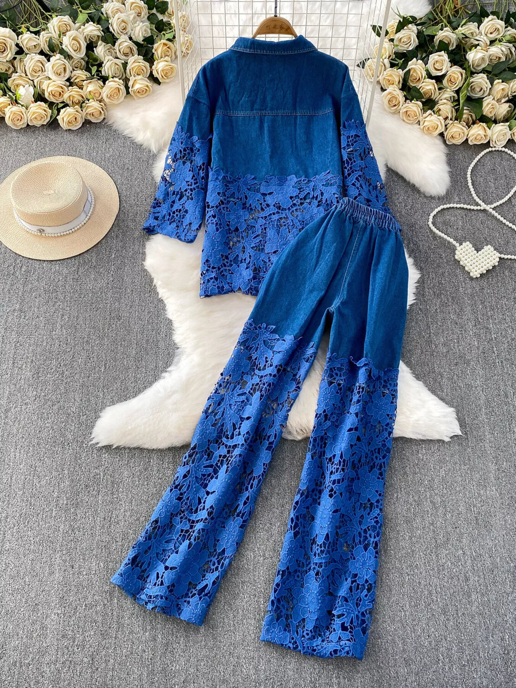 Lace Patchwork Shacket and Pants Set
