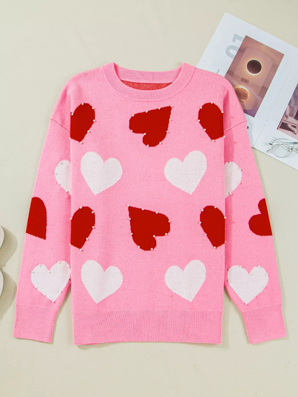 Pearl Embellished Heart Pattern Valentines Day Sweater