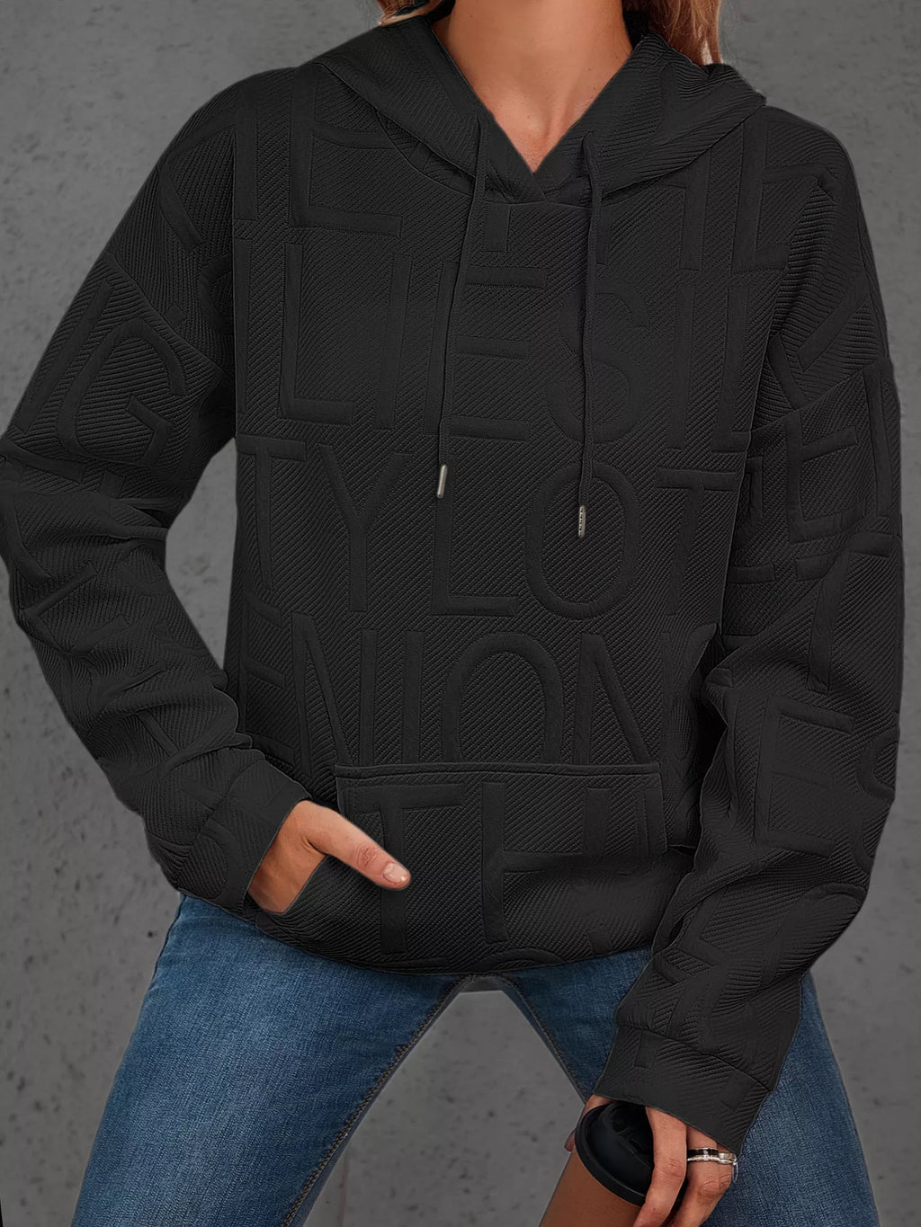 Full Size Textured Embossed Long Sleeve Hoodie Plus Size