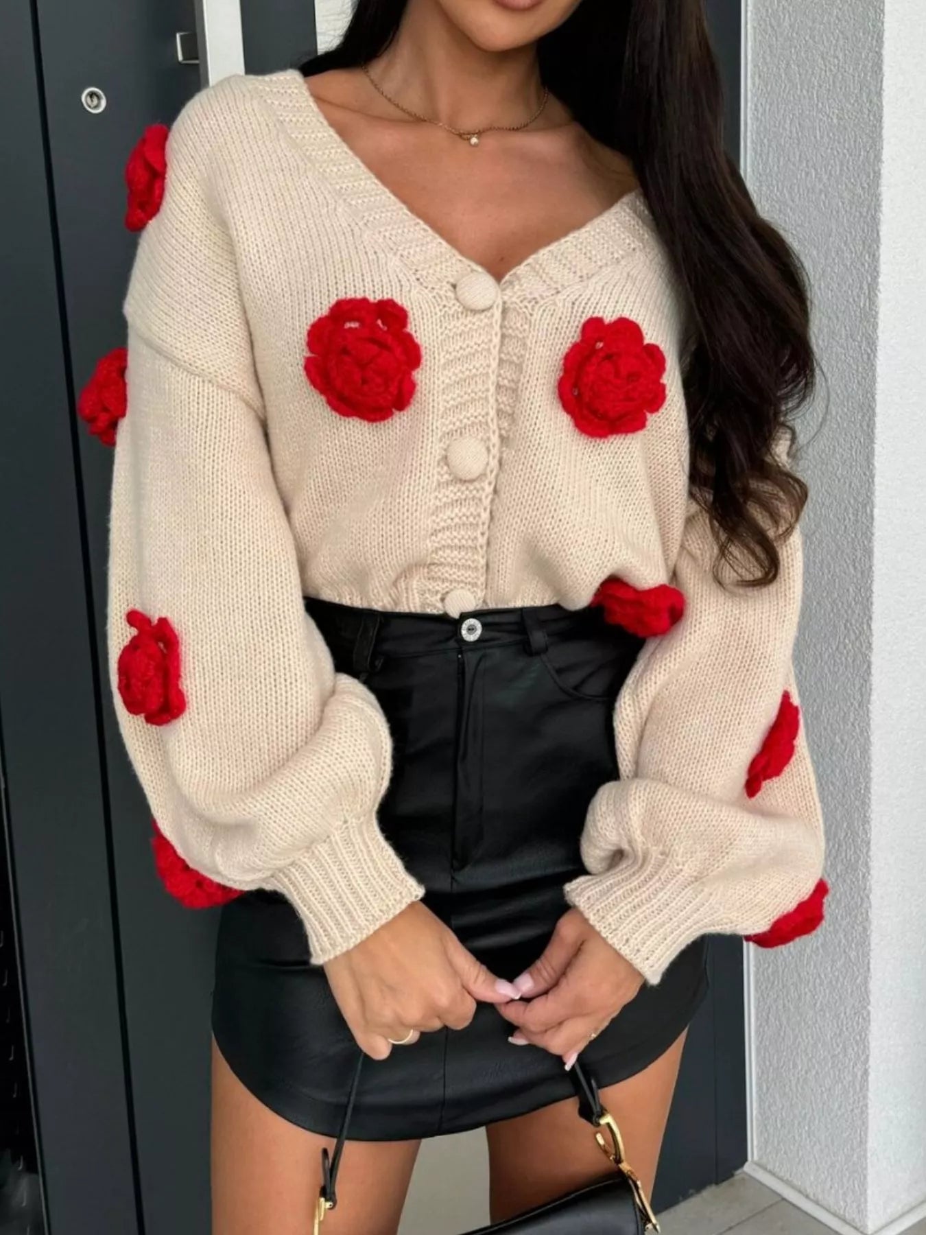Rose Embellished V-Neck Cardigan