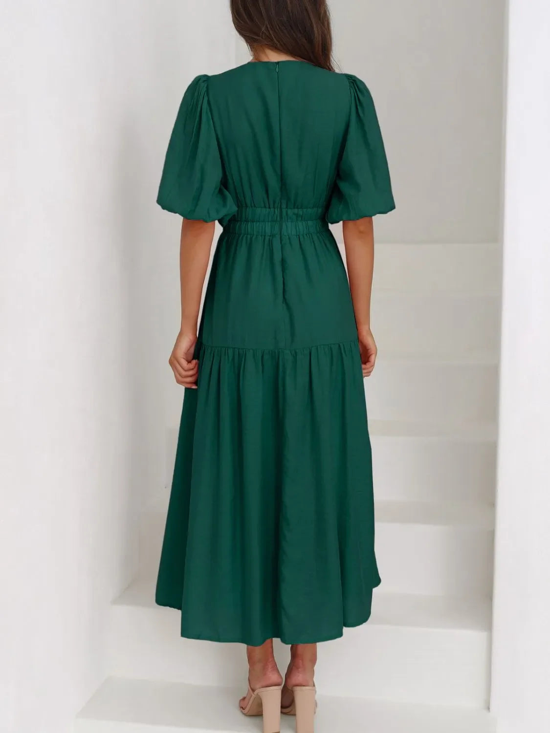 V-Neck Puff Sleeve Midi Dress