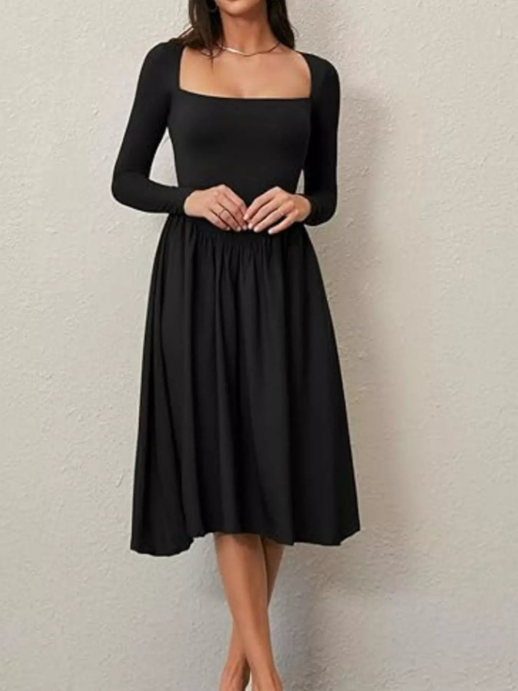 Square Neck Long Sleeve Midi Dress