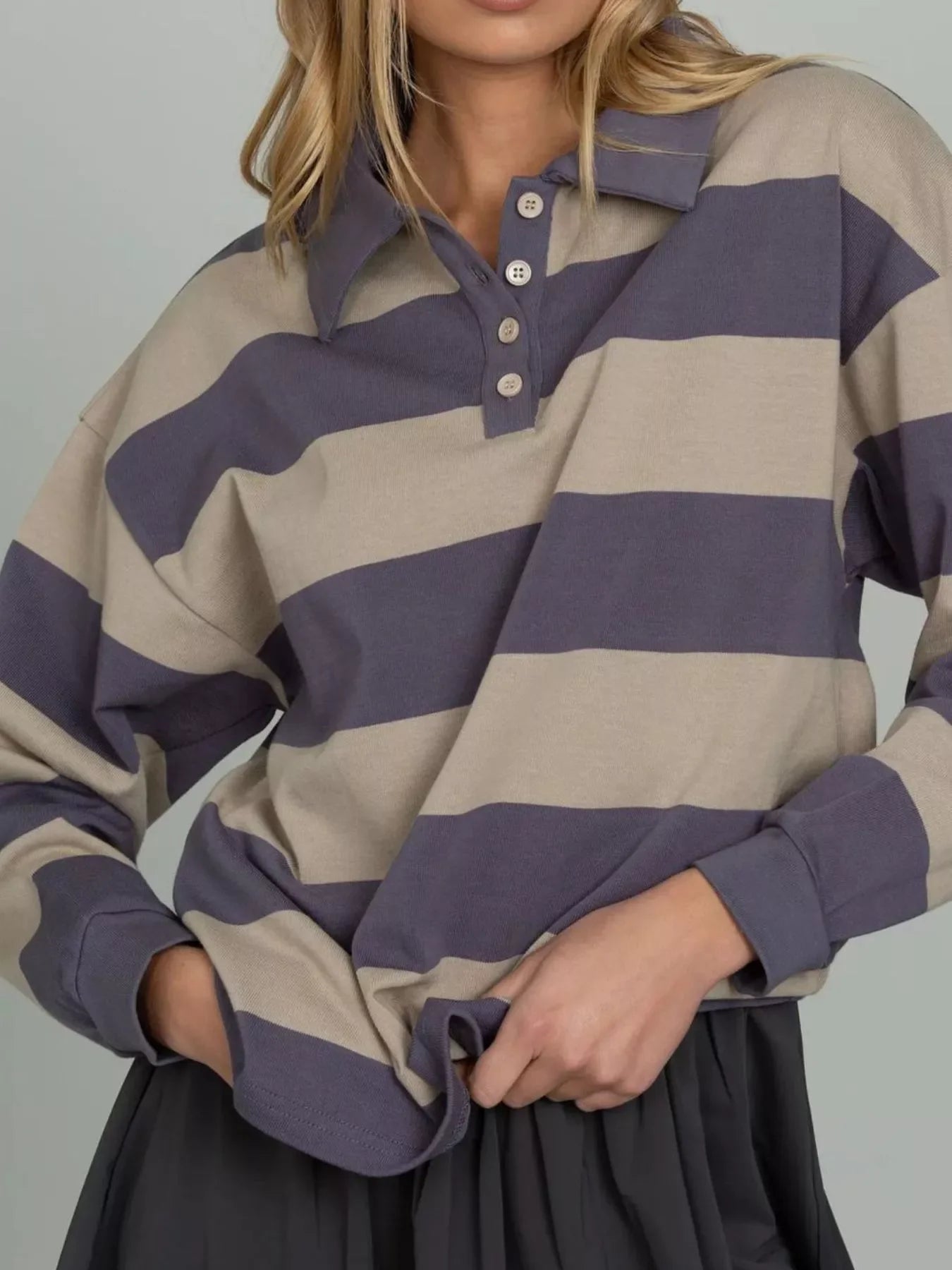 Striped Polo Collar Sweatshirt with Button Details