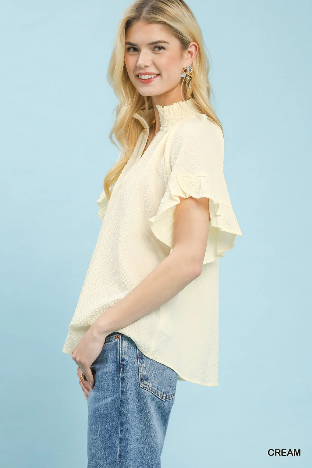 Umgee Textured Ruffle Sleeve Blouse