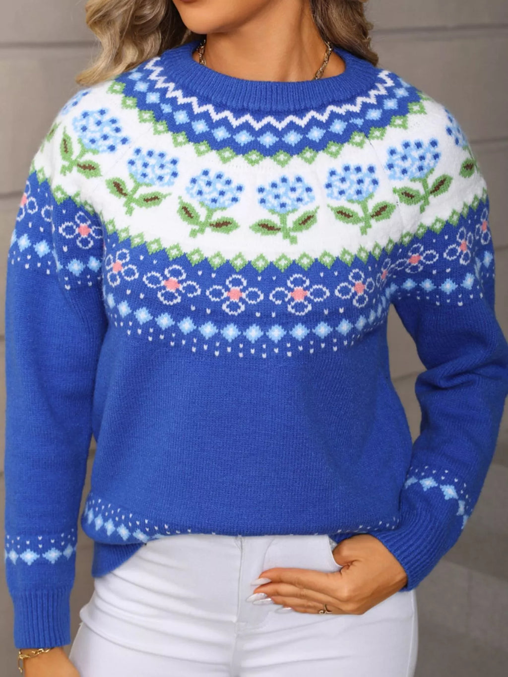 Floral Pattern Crew Neck Sweater