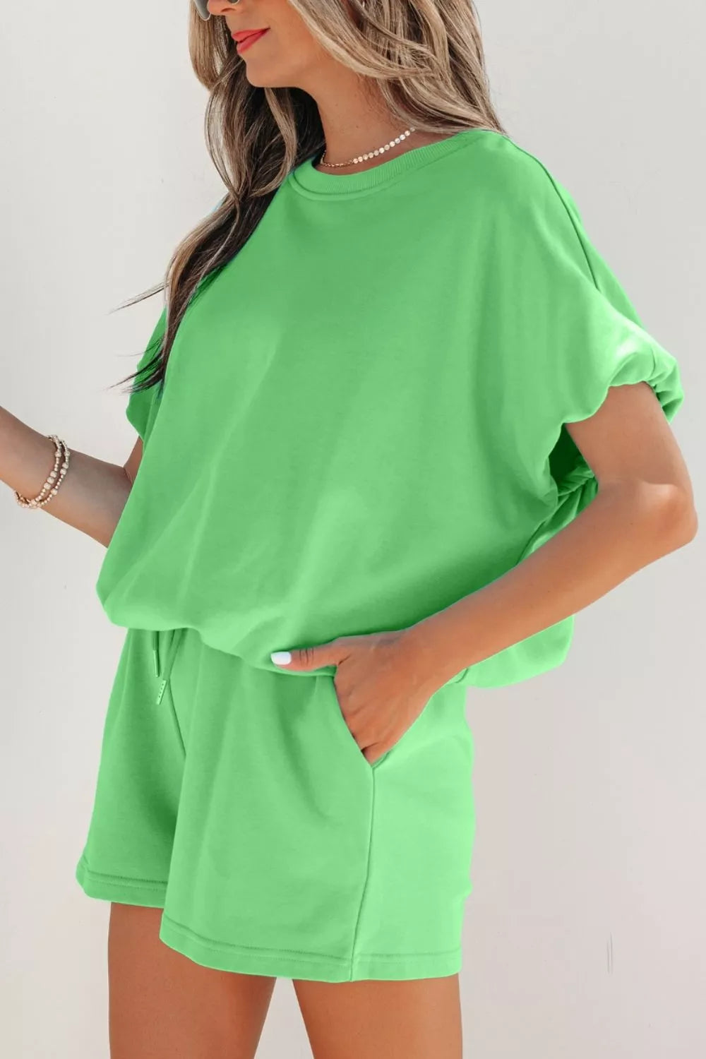 Solid Color Puffy Loose Top Drawstring Shorts 2pcs Outfit