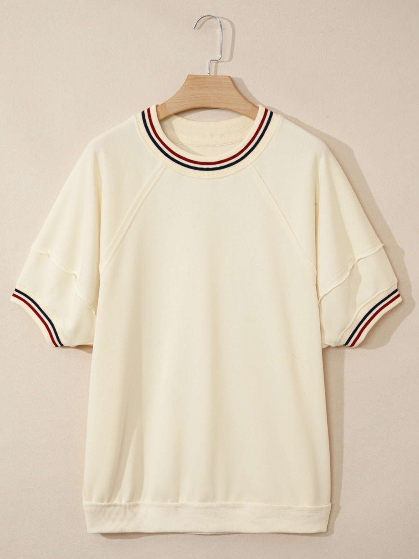 Contrast Varsity Striped Neckline Cuffed Short Sleeve Loose Tunic Top