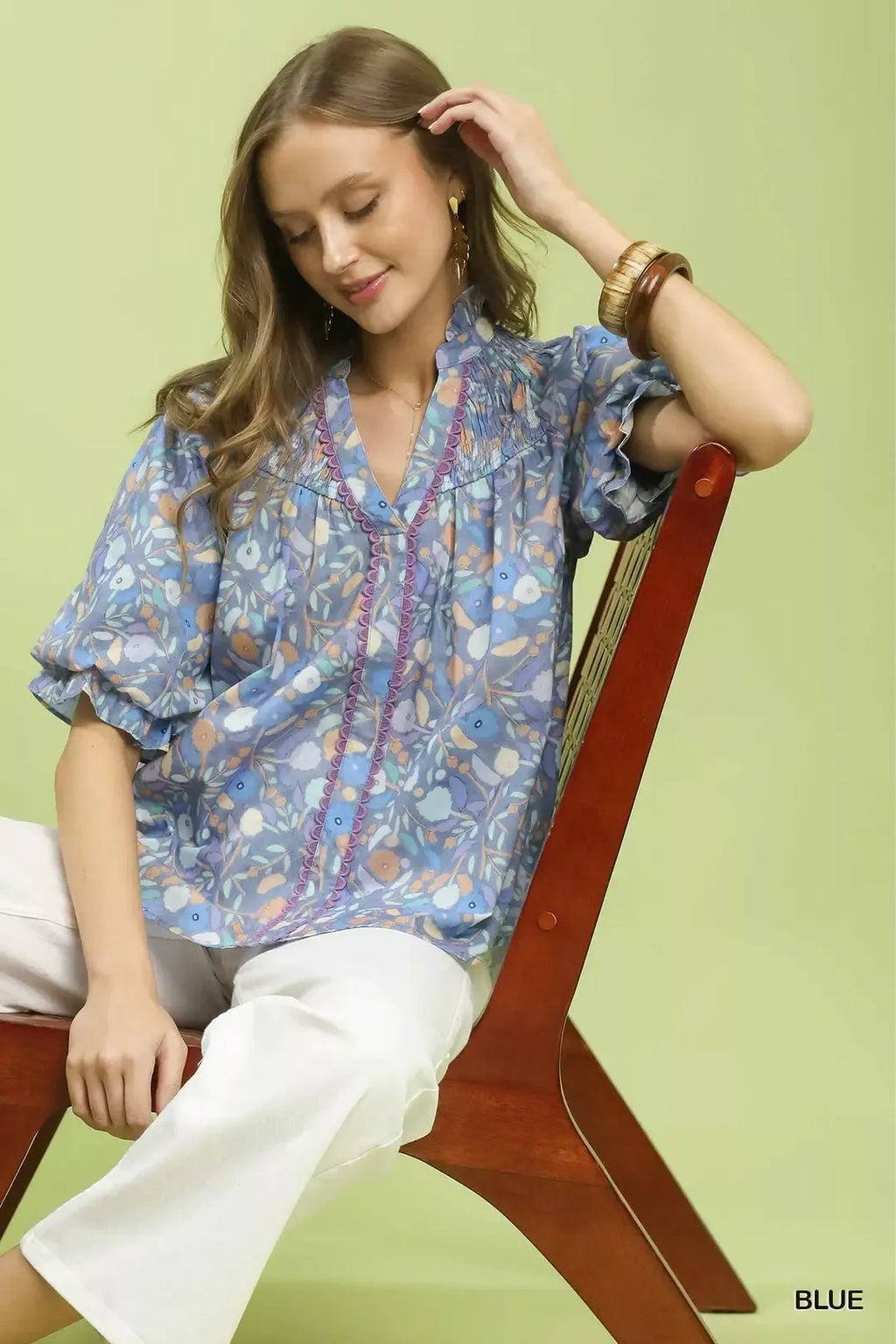 Umgee Smocked Floral Ruffle Trim Top