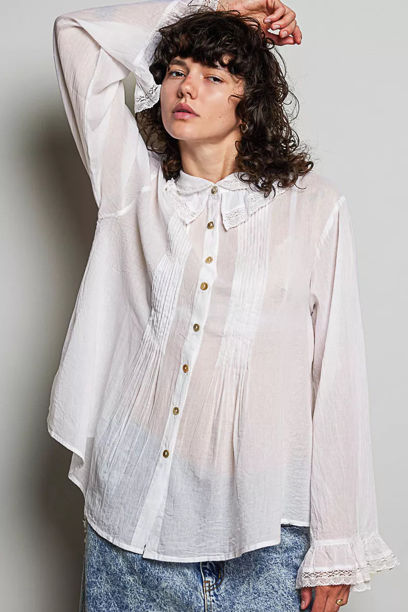 POL Woven Lace Trim Pintuck Button-Down Shirt