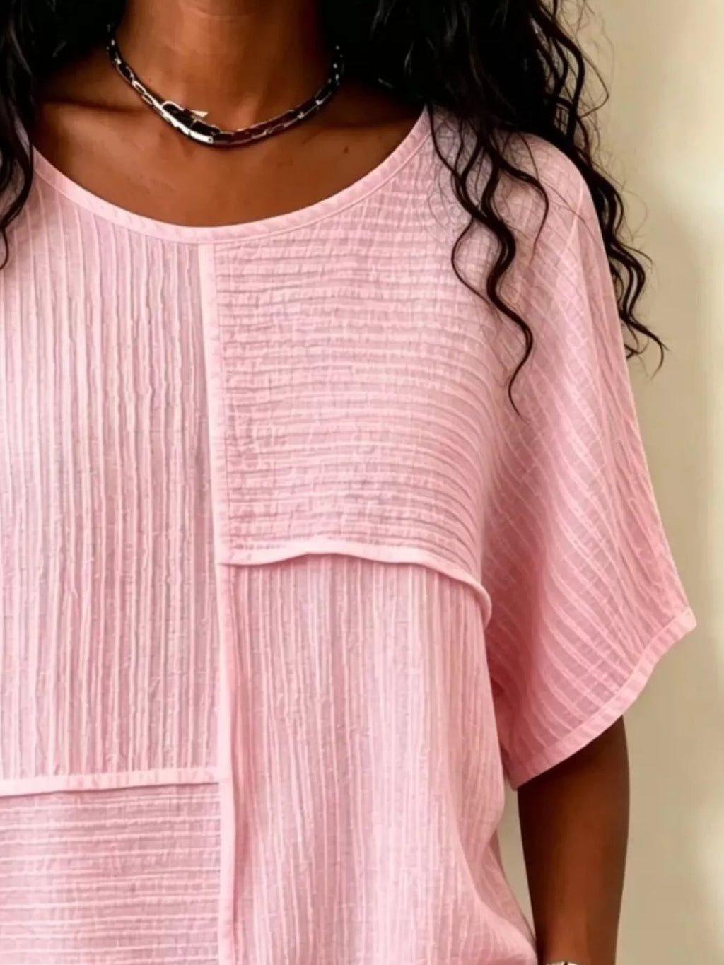 Full Size Texture Round Neck Half Sleeve Blouse Plus Size